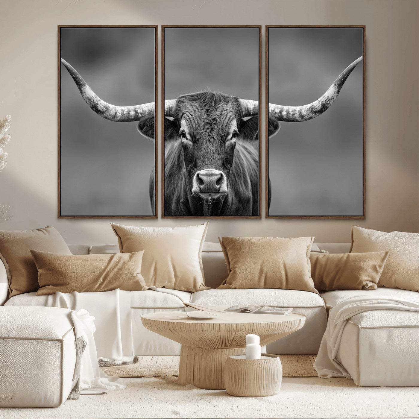 MGV-FC-48X32-3P - Framed Texas Longhorn Bull Art Canvas Print, Western Bull Wall Art Print, Long Horn Bull Photo Print