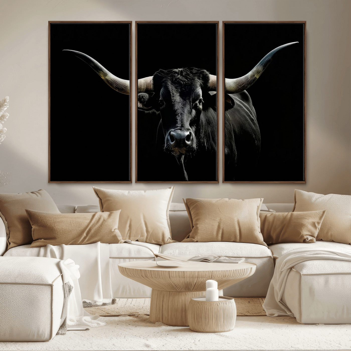 MGV-FC-48X32-3P - Texas Black Bull Wall Art Print, Longhorn Bull Canvas Wall Art