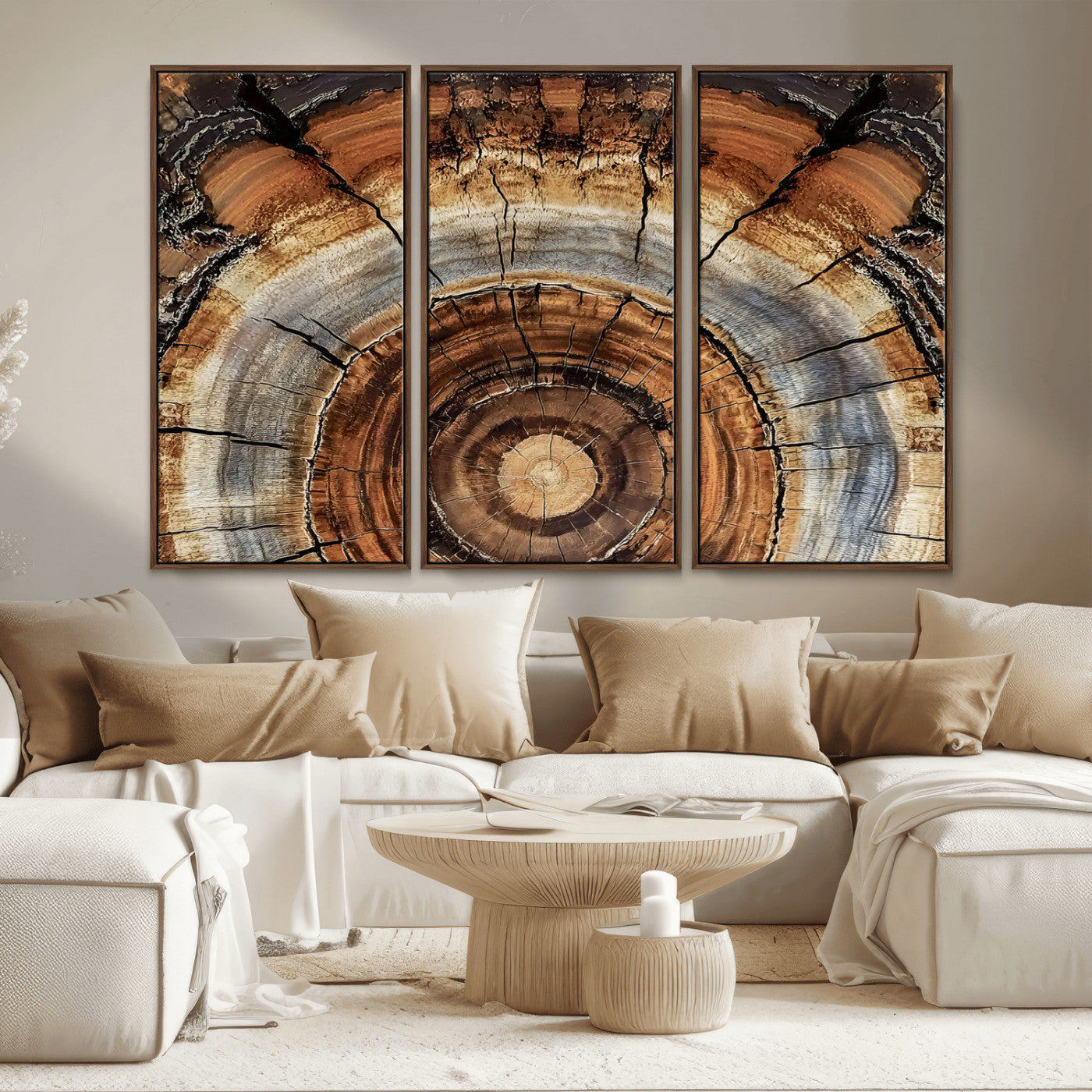 MGV-FC-48X32-3P - Tree Rings Wall Art Canvas Print, Framed Wood Texture Art Picture Print, Rustic Pattern Perfect Rustic Organic Decor Artwork