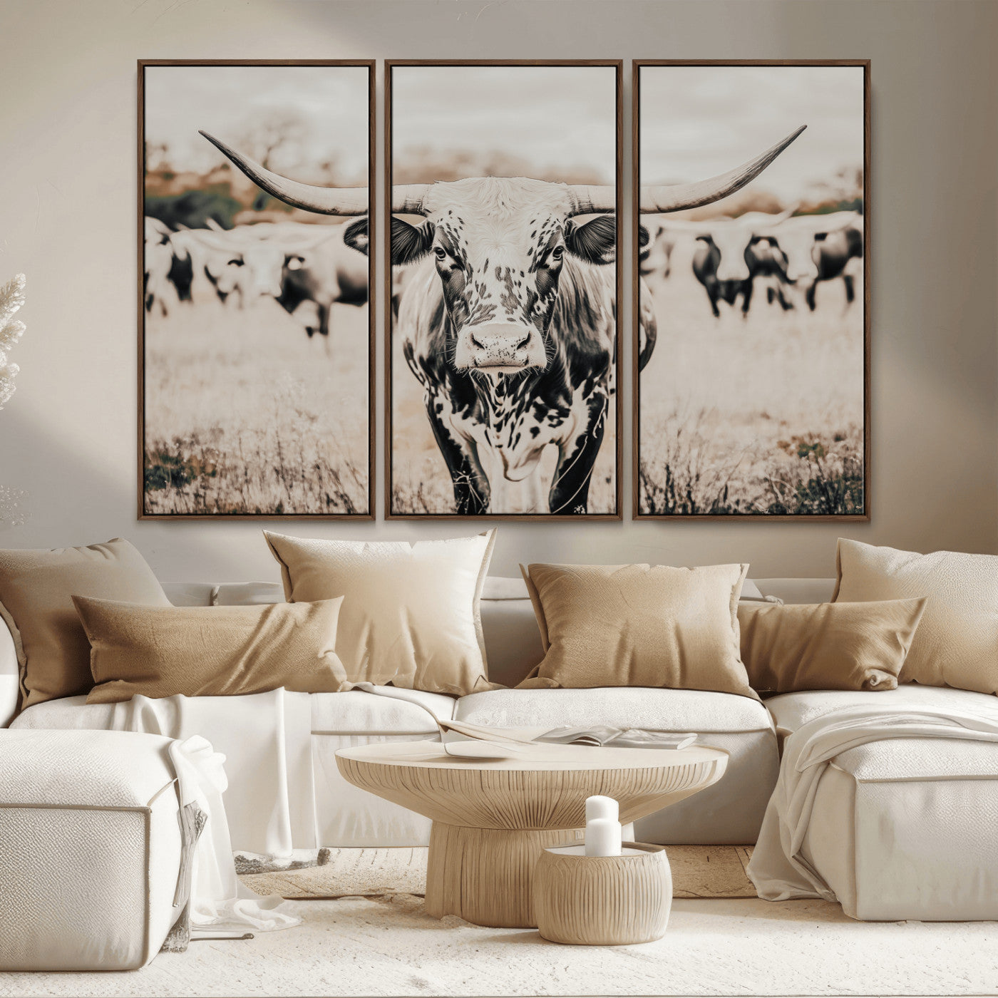 MGV-FC-48X32-3P - Texas Longhorn Wall Art Canvas Print, Framed Speckled Cow Art Picture Print, Horned Cattle Perfect Rustic Western Decor Artwork