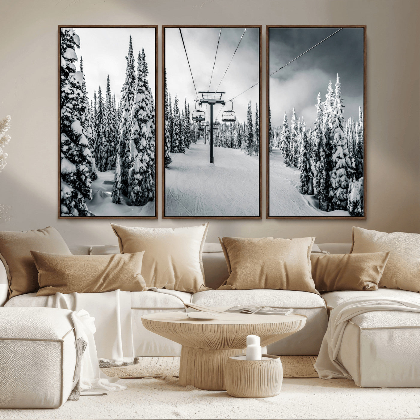 MGV-FC-48X32-3P - Snowy Pines Wall Art Canvas Print, Framed Ski Lift Art Picture Print, Winter Forest Perfect Moody Lodge Decor Artwork