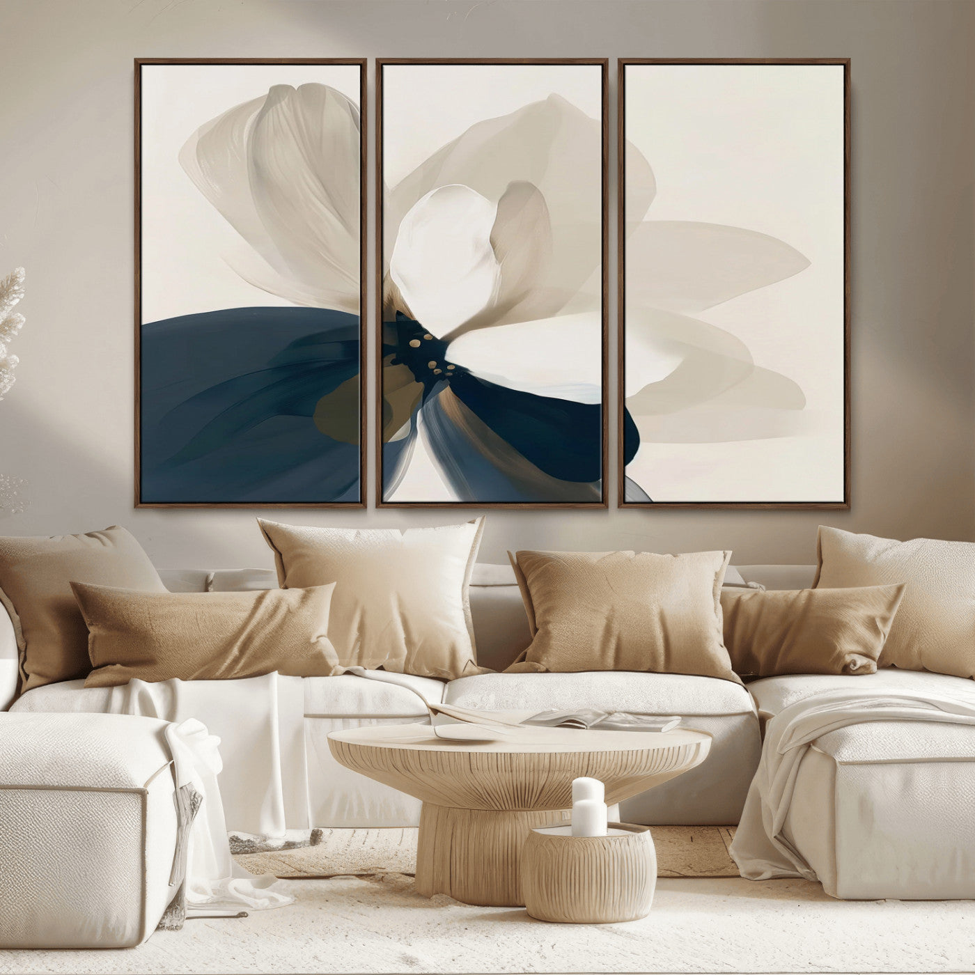 MGV-FC-48X32-3P - Minimal Flower Wall Art Canvas Print, Framed Flower Drawing Art Picture Print, Beige Bloom Perfect Modern Botanical Decor Artwork