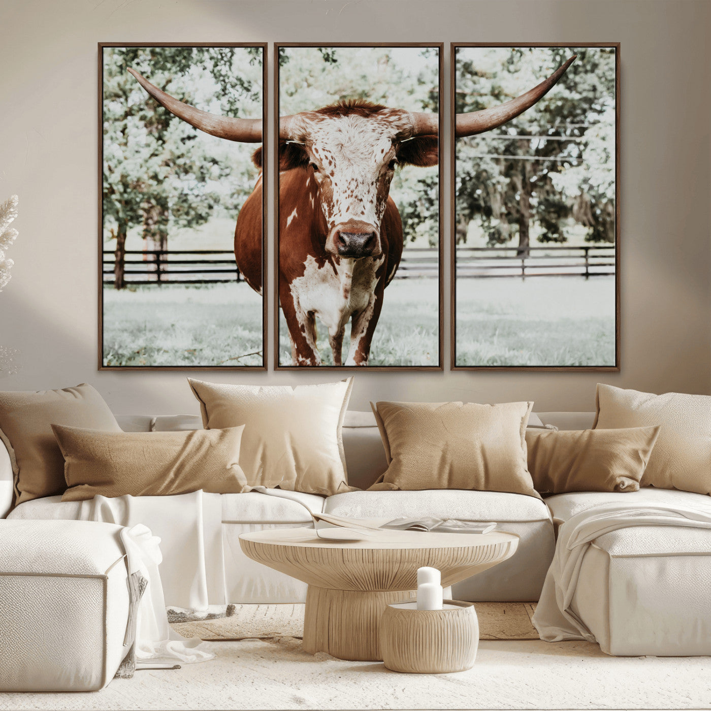 MGV-FC-48X32-3P - Texas Longhorn Wall Art Canvas Print, Framed Spotted Cow Art Picture Print, Horned Cattle Perfect Rustic Western Decor Artwork