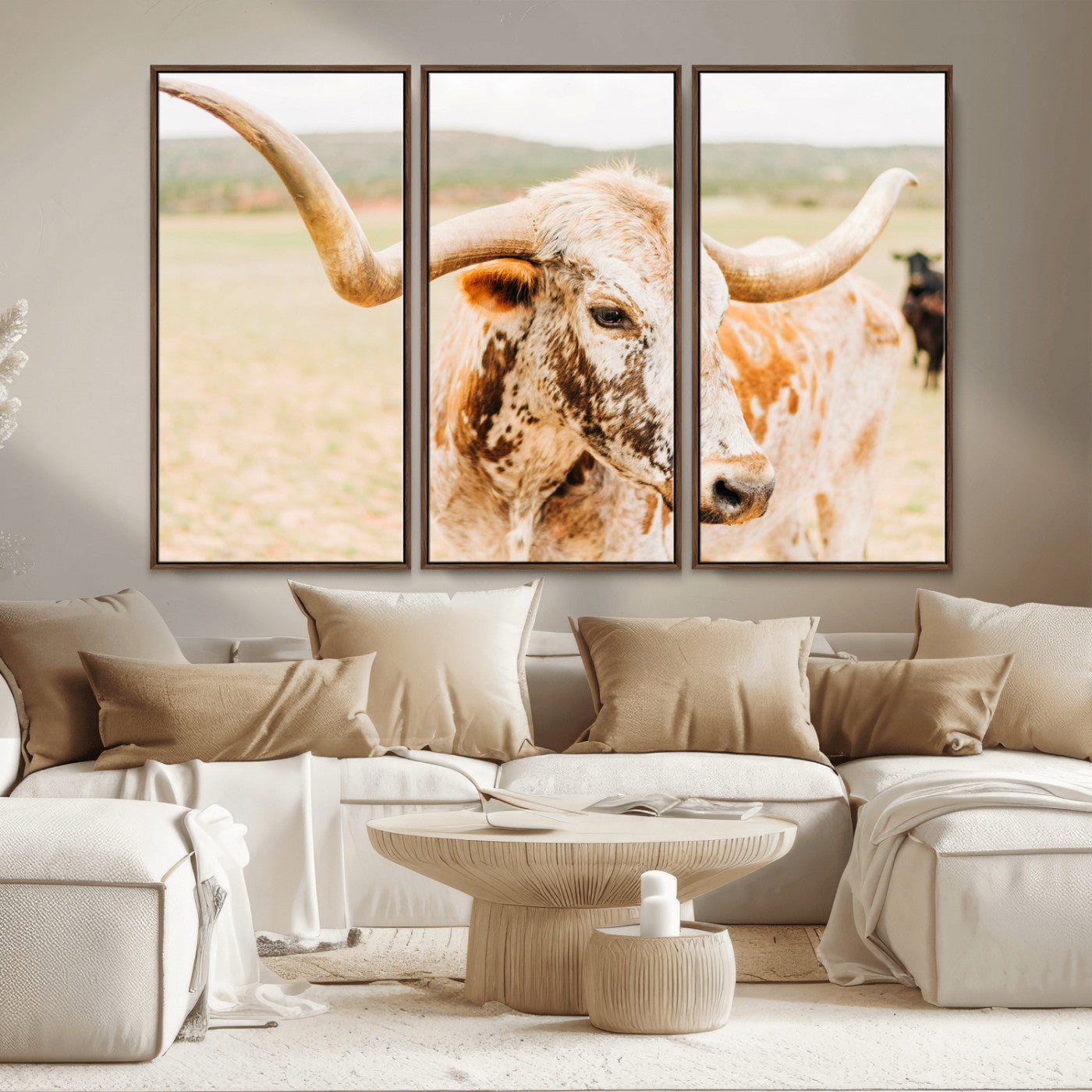 MGV-FC-48X32-3P - Texas Longhorn Wall Art Canvas Print, Framed Spotted Cow Art Picture Print, Horned Cattle Perfect Rustic Western Decor Artwork