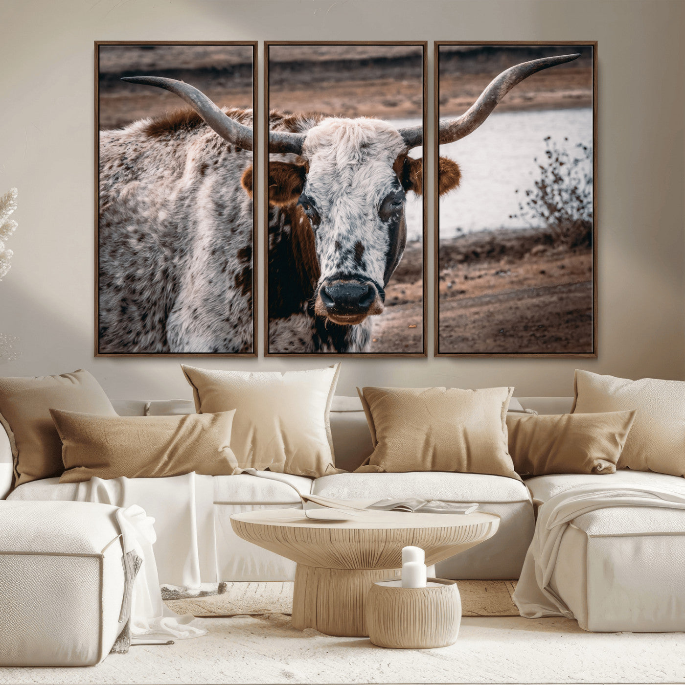 MGV-FC-48X32-3P - Texas Longhorn Wall Art Canvas Print, Framed Spotted Cow Art Picture Print, Horned Cattle Perfect Rustic Western Decor Artwork