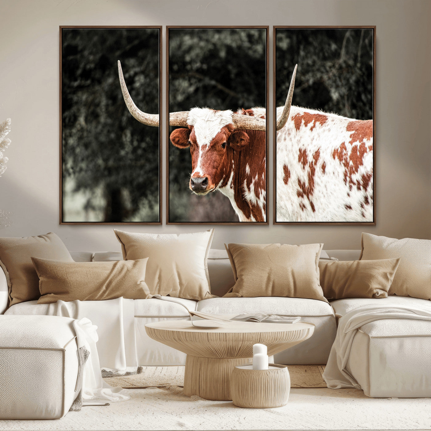 MGV-FC-48X32-3P - Texas Longhorn Wall Art Canvas Print, Framed Spotted Cow Art Picture Print, Horned Bull Perfect Rustic Western Decor Artwork