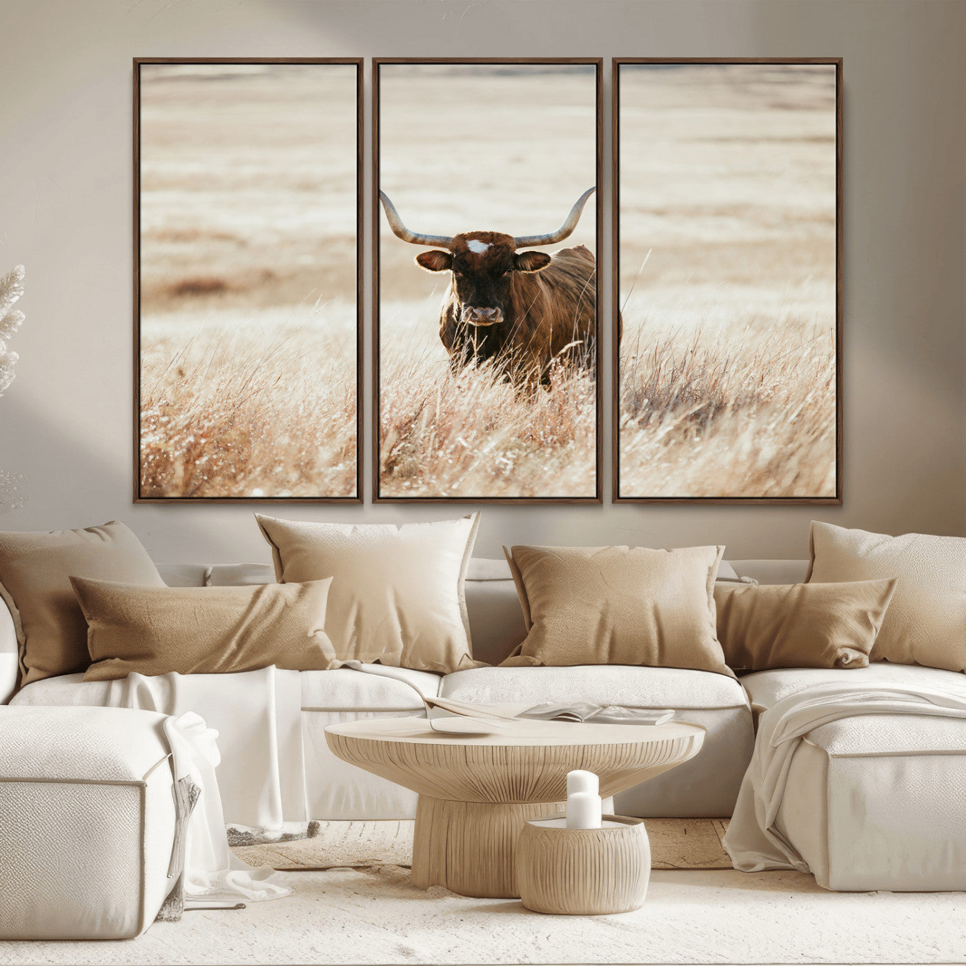 MGV-FC-48X32-3P - Texas Longhorn Wall Art Canvas Print, Framed Brown Cattle Art Picture Print, Horned Bull Perfect Rustic Western Decor Artwork
