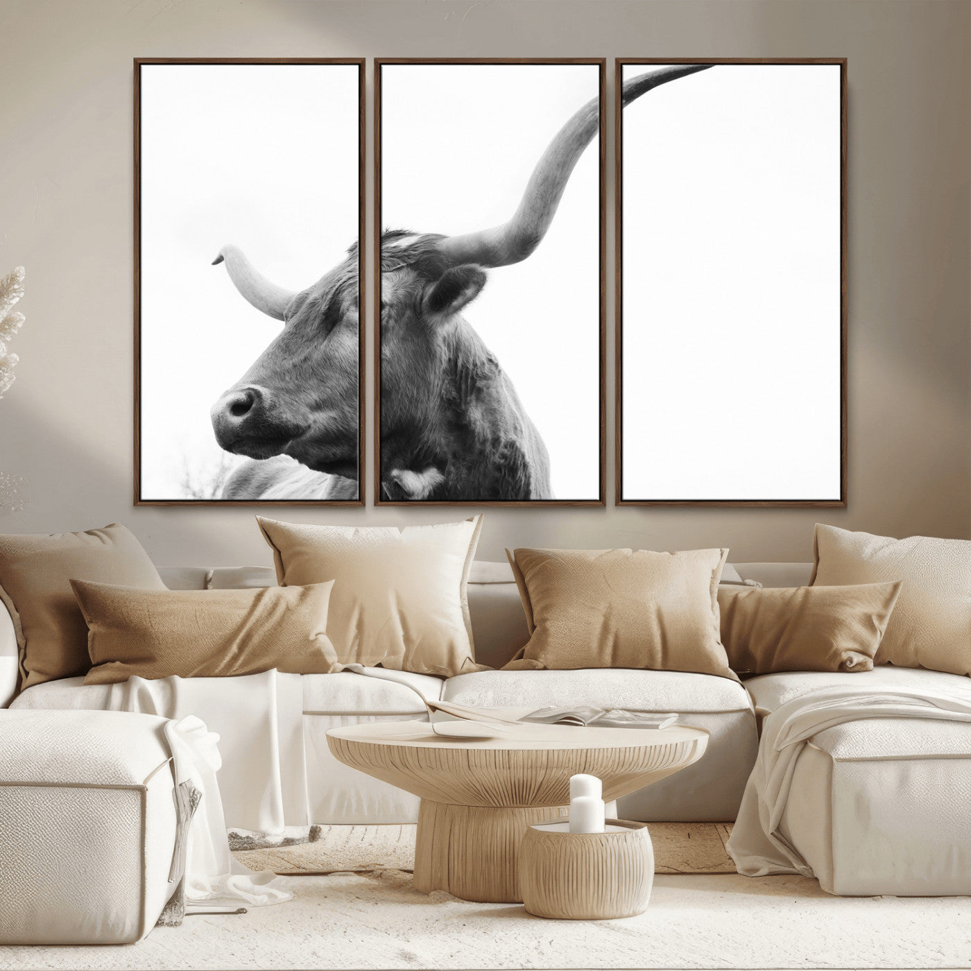 MGV-FC-48X32-3P - Longhorn Wall Art Wall Art Canvas Print, Framed Modern Ranch Style Art Art Picture Print, Monochrome Cow Print Perfect Rustic Western Decor Artwork