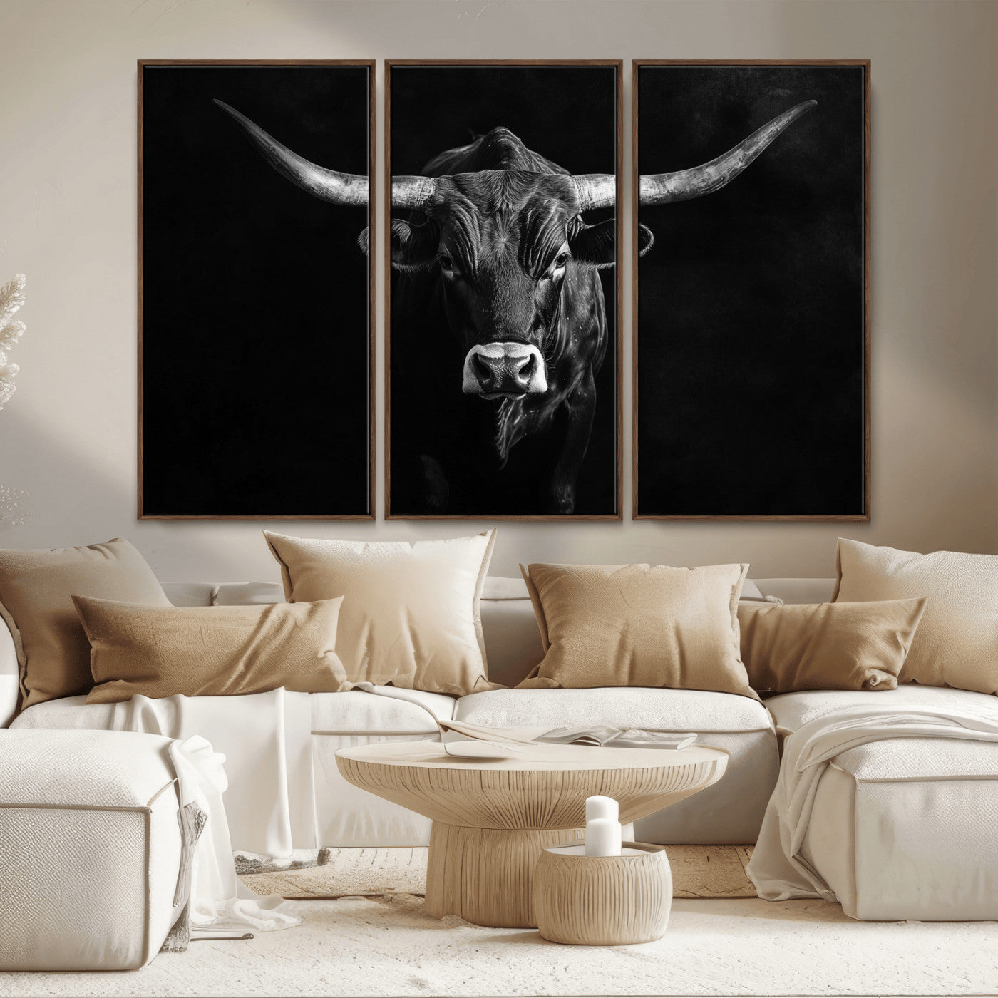 MGV-FC-48X32-3P - Texas Longhorn Wall Art Canvas Print, Framed Monochrome Bull Art Picture Print, Horned Bull Perfect Rustic Western Decor Artwork