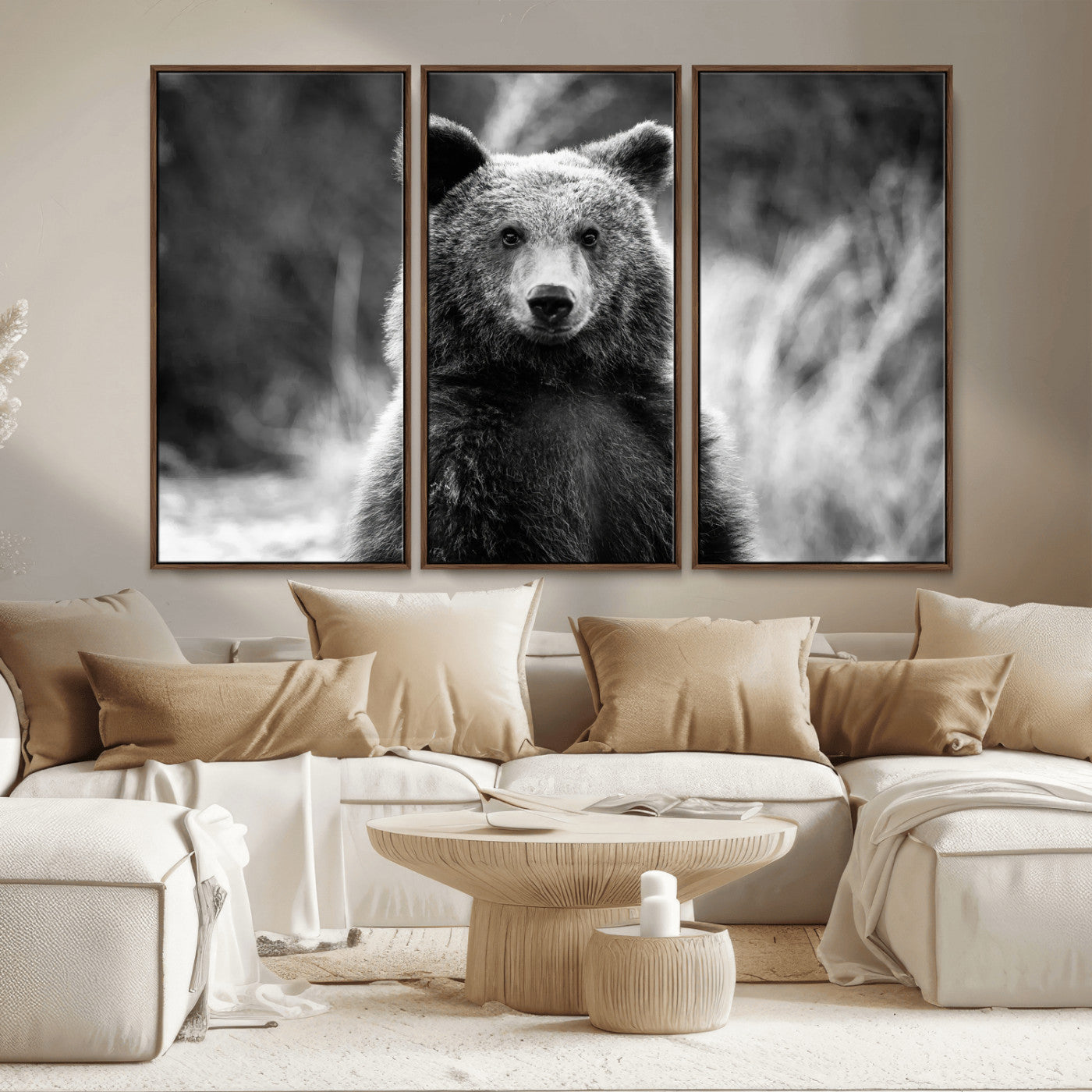 MGV-FC-48X32-3P - Grizzly Bear Wall Art Canvas Print, Framed Black White Bear Art Picture Print, Wild Bear Perfect Rustic Wildlife Decor Artwork