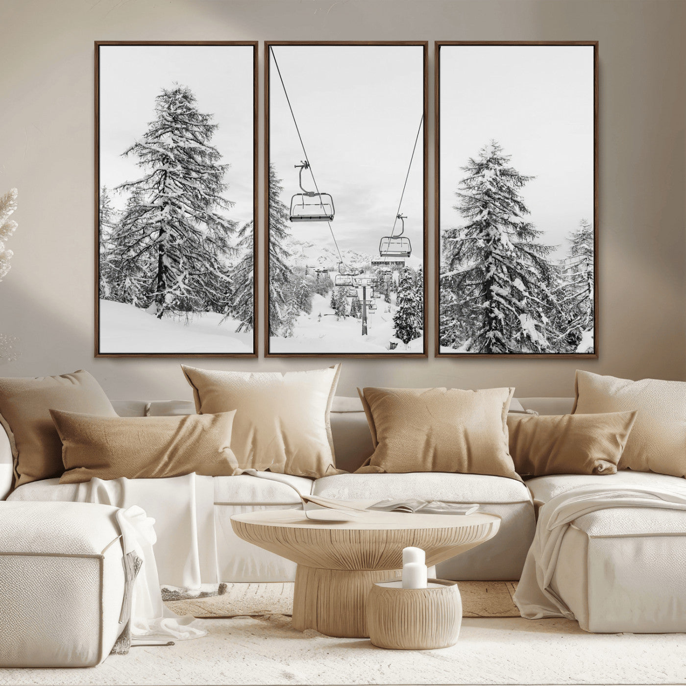 MGV-FC-48X32-3P - Wall Art Canvas Print Winter Chairlift Views Silent Snow-Covered Pines Mountain Calm Serenity Frozen