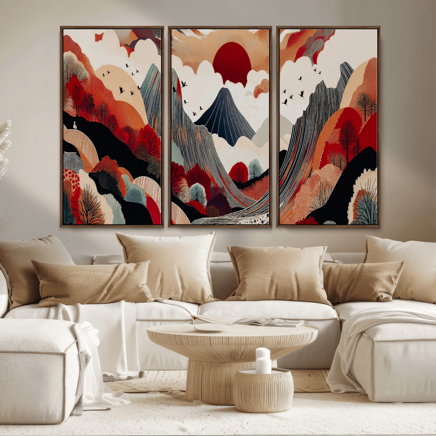 MGV-FC-48X32-3P - Abstract Mountain Wall Art Canvas Print, Framed Vibrant Landscape Art Picture Print, Stylized Nature Drawing Perfect Contemporary Minimalist Decor Artwork