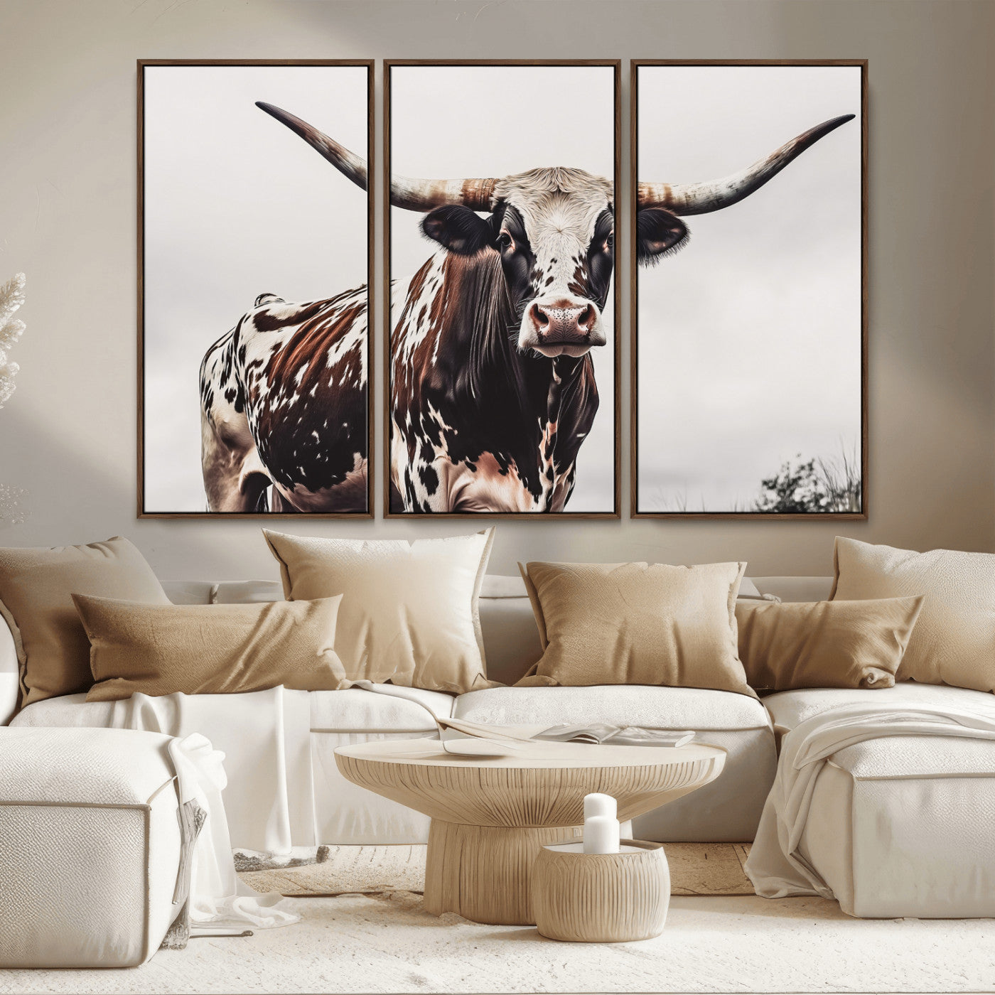 Close-up of a Texas Longhorn bull with powerful horns, perfect for rustic farmhouse or country-themed home decor. Ideal for animal lovers.