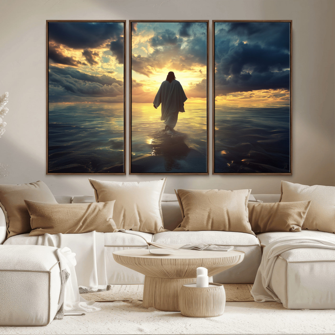 MGV-FC-48X32-3P - Jesus Walks Wall Art Canvas Print, Framed Divine Sunset Art Picture Print, Spiritual Light Perfect Spiritual Tranquil Decor Artwork