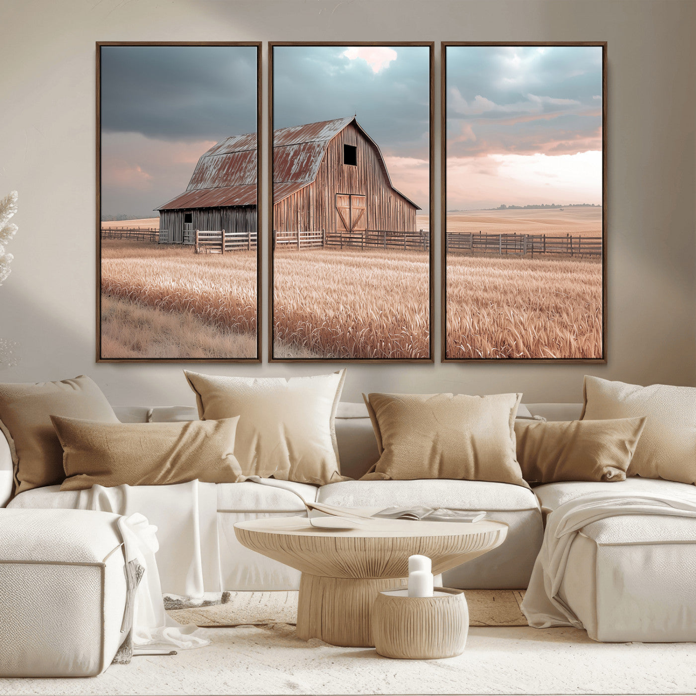 MGV-FC-48X32-3P - Rustic Barn Wall Art Canvas Print, Framed Wheat Field Art Picture Print, Sunset Barn Perfect Vintage Farmhouse Decor Artwork