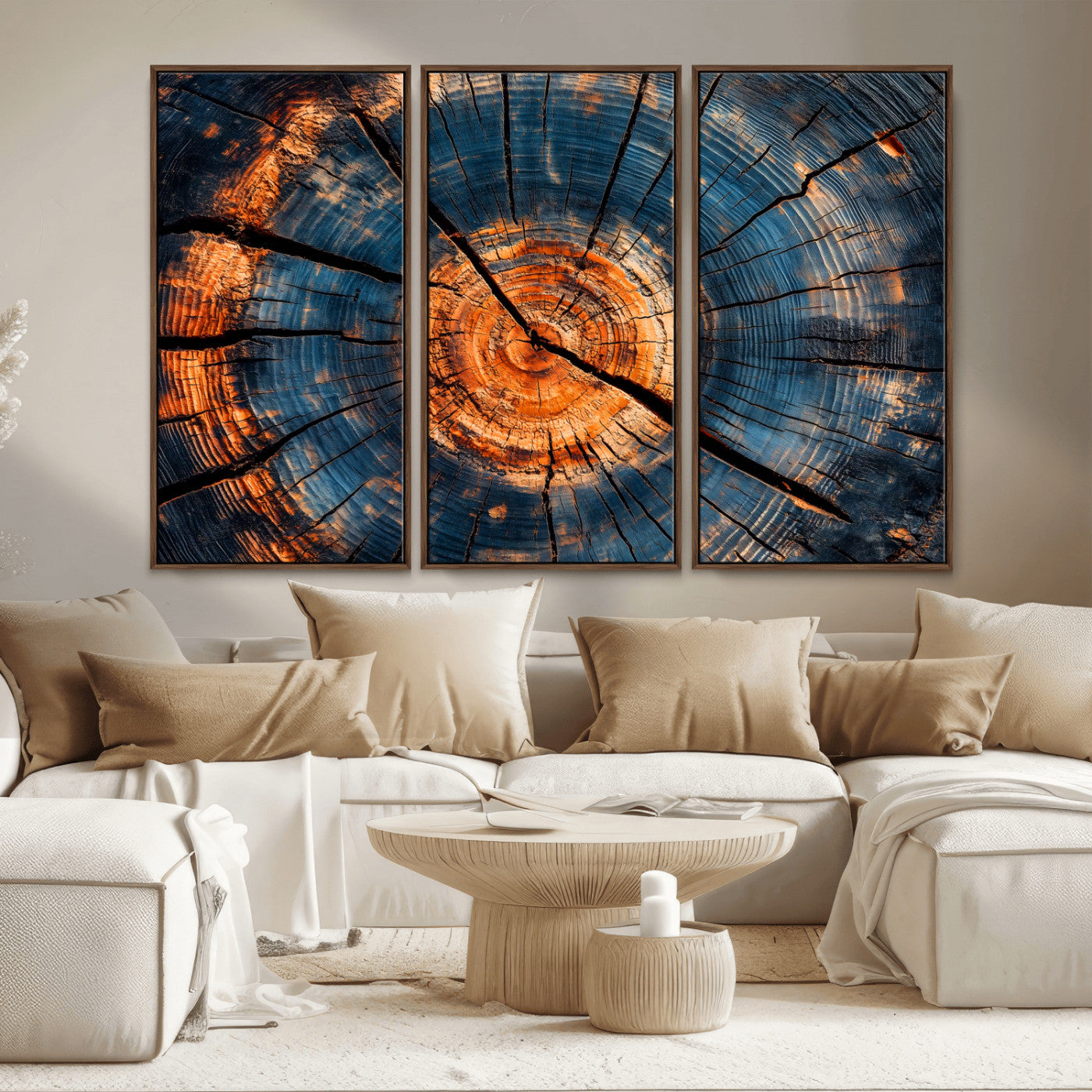 MGV-FC-48X32-3P - Burnt Wood Wall Art Canvas Print, Framed Aged Timber Art Picture Print, Rustic Tree Slice Perfect Rustic Decor Artwork