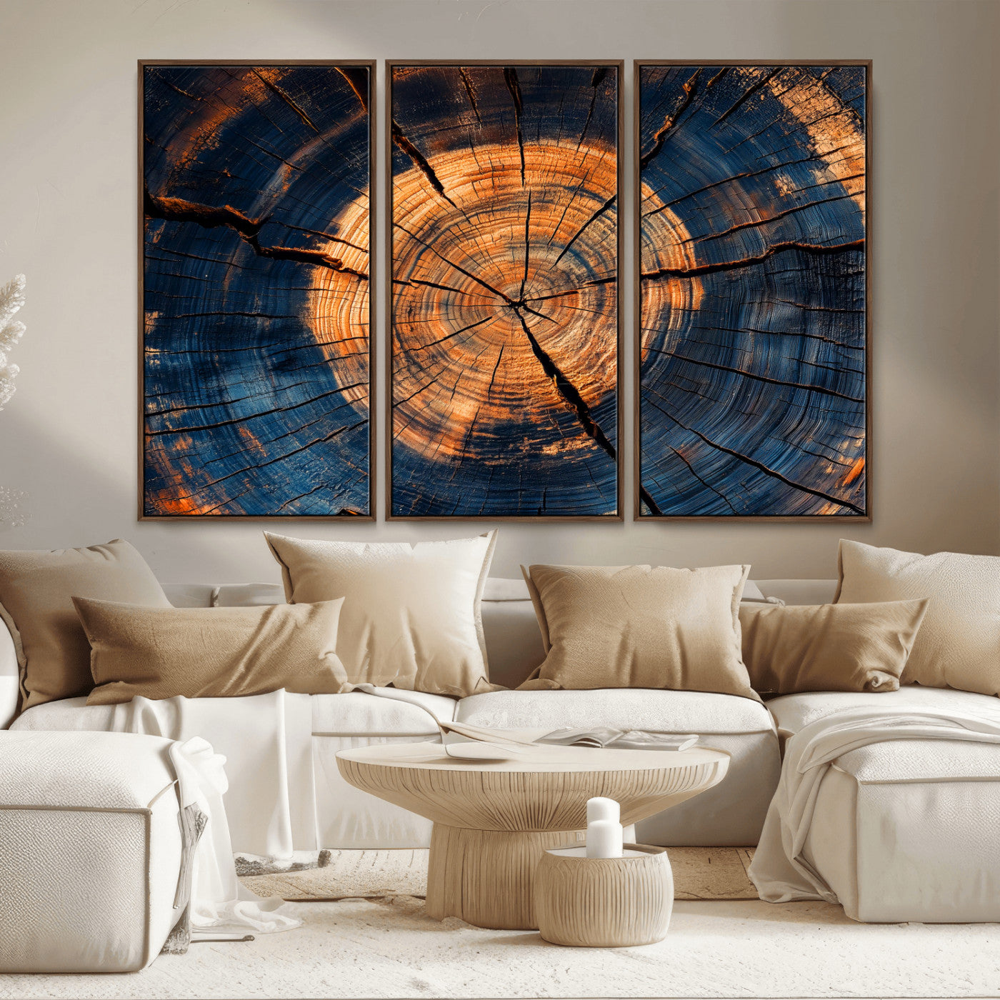 MGV-FC-48X32-3P - Burnt Wood Wall Art Canvas Print, Framed Aged Timber Art Picture Print, Rustic Tree Slice Perfect Rustic Decor Artwork
