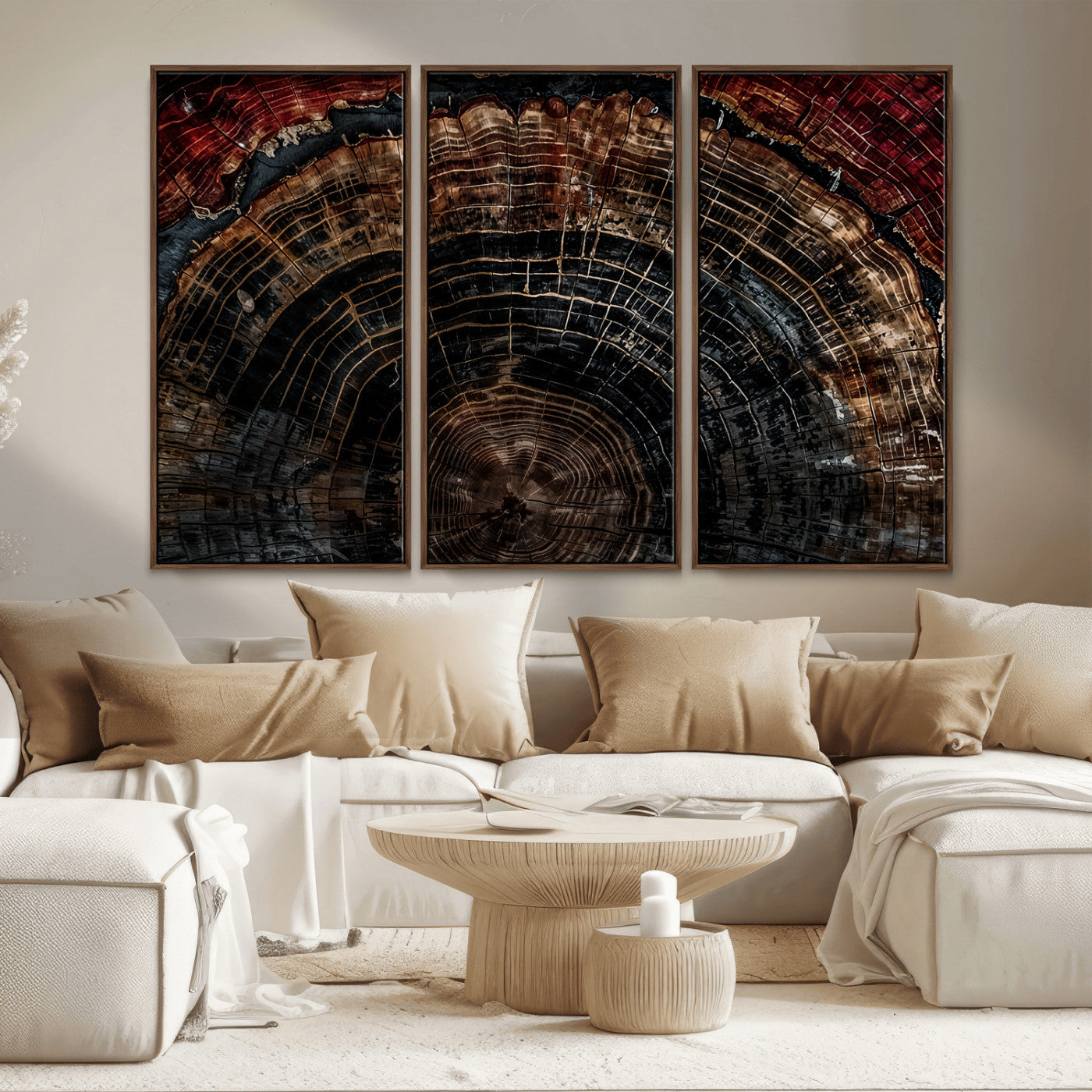 MGV-FC-48X32-3P - Dark Wood Ring Wall Art Canvas Print, Framed Abstract Wood Tree Art Picture Print, Rustic Tree Slice Perfect Rustic Decor Artwork
