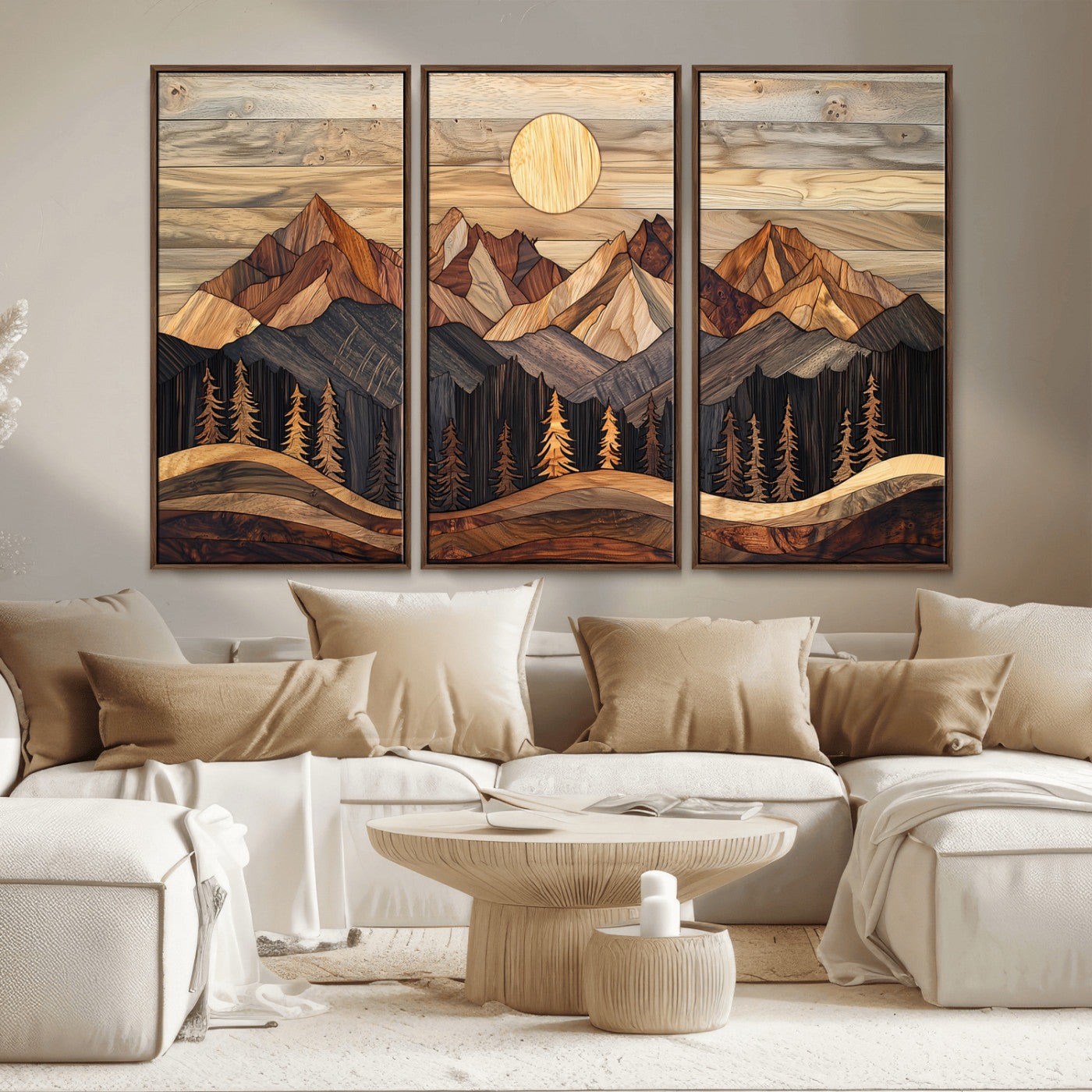 MGV-FC-48X32-3P - Wood Mountain Wall Art Canvas Print, Framed Boho Wood Art Picture Print, Abstract Woodland Perfect Farmhouse Decor Artwork
