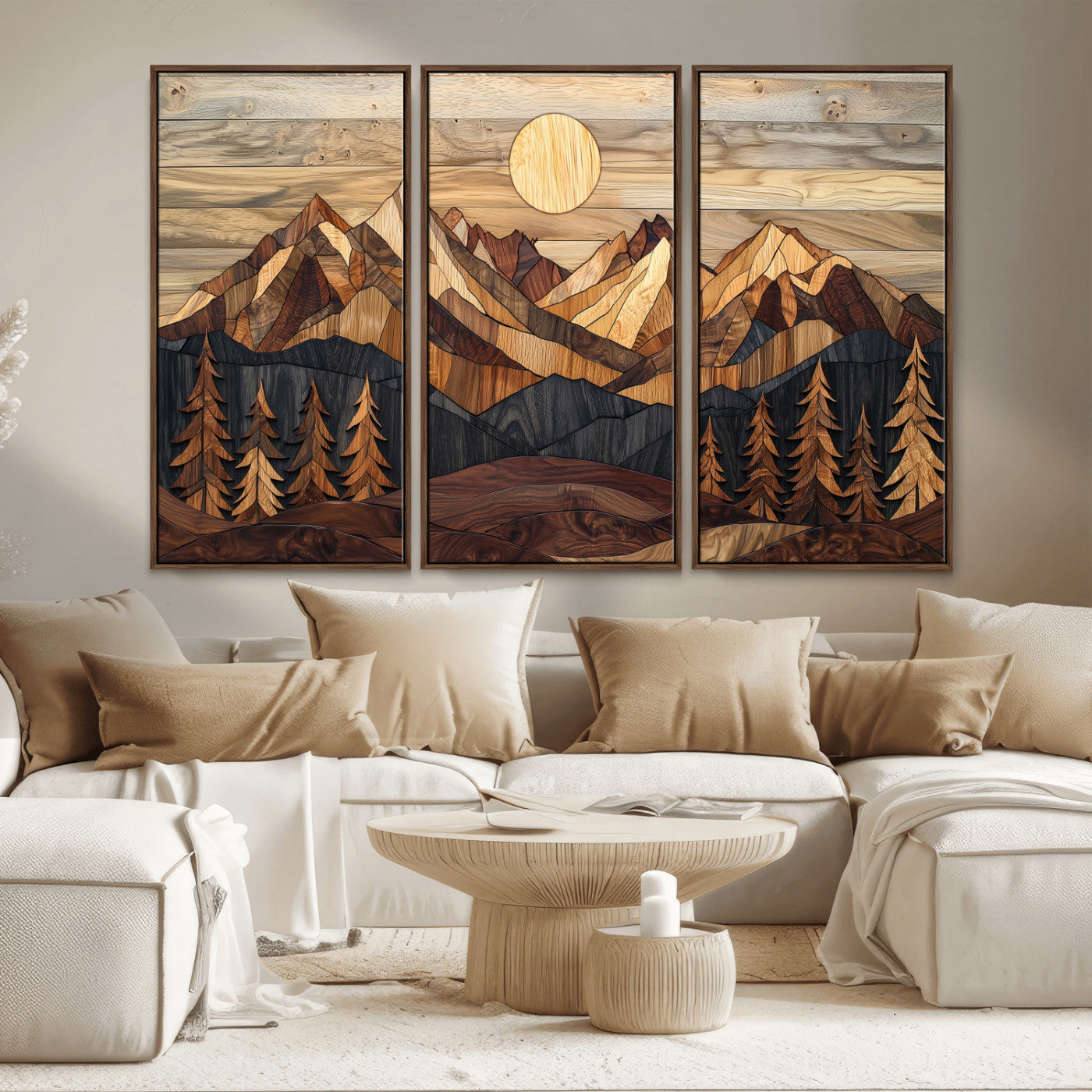 MGV-FC-48X32-3P - Wood Mountain Landscape Wall Art Canvas Print, Framed Sunset Hills Art Picture Print, Abstract Nature Perfect Boho Decor Artwork