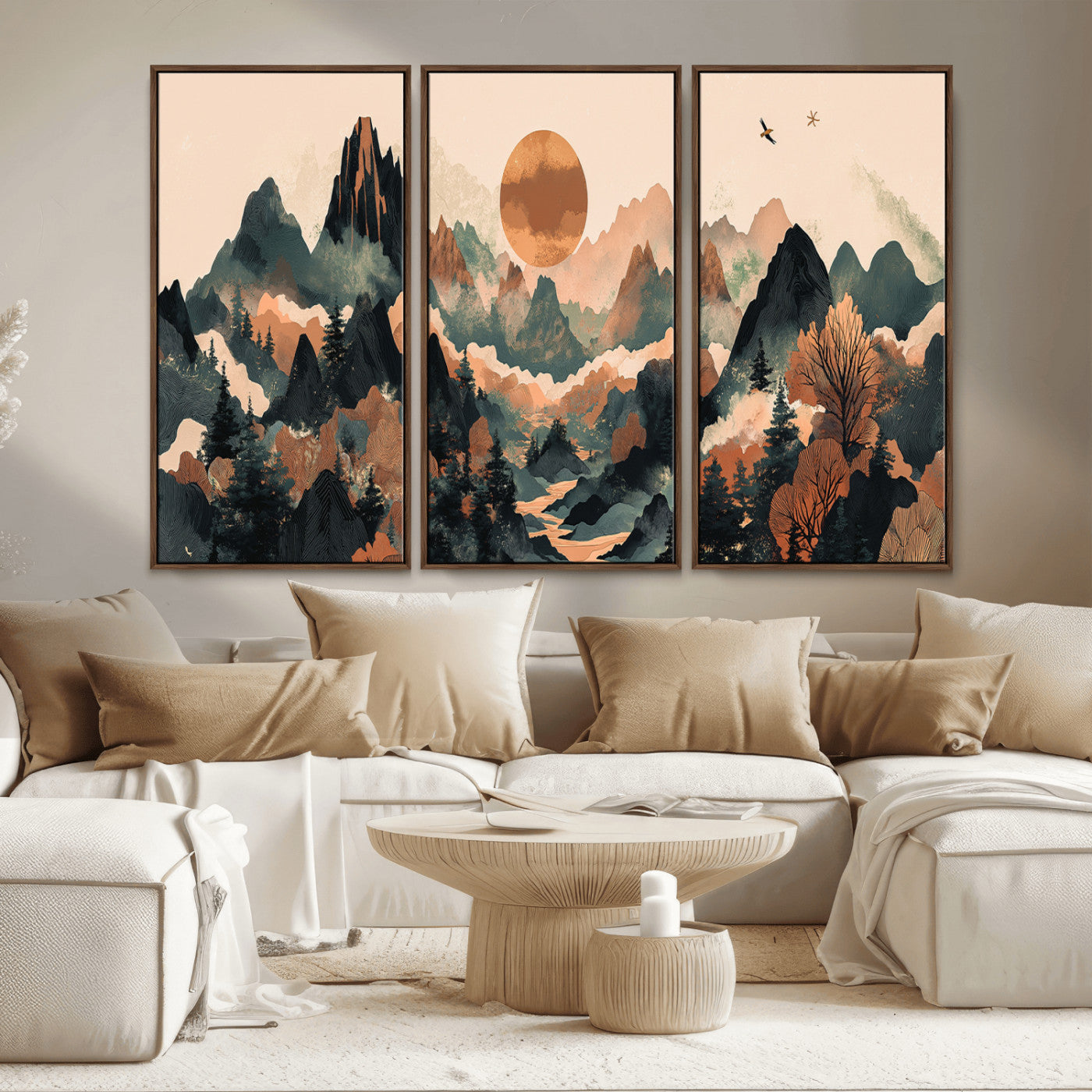 MGV-FC-48X32-3P - Wood Mountain Landscape Wall Art Canvas Print, Framed Sunset Hills Art Picture Print, Abstract Nature Perfect Boho Decor Artwork