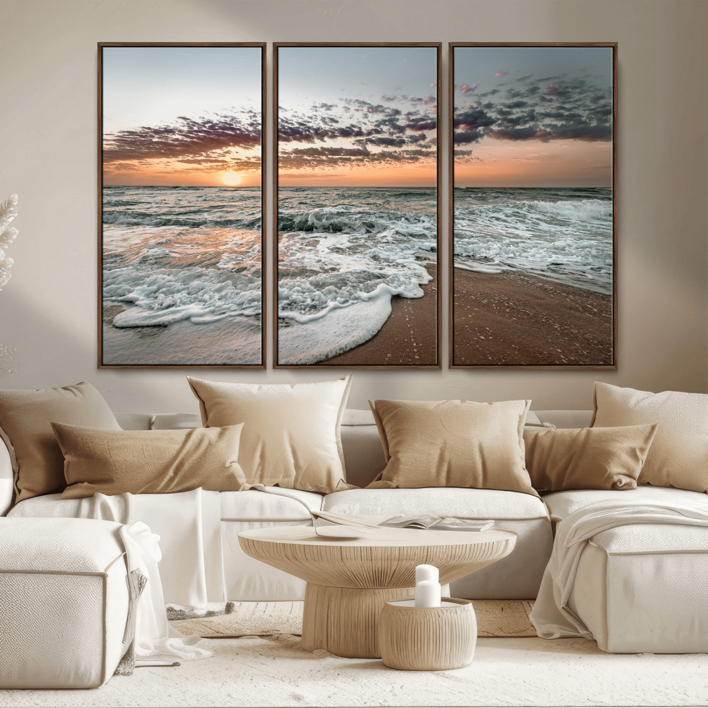 MGV-FC-48X32-3P - Ocean Sunset Wall Art Canvas Print, Framed Beach Waves Art Picture Print, Coastal Scene Perfect Coastal Decor Artwork