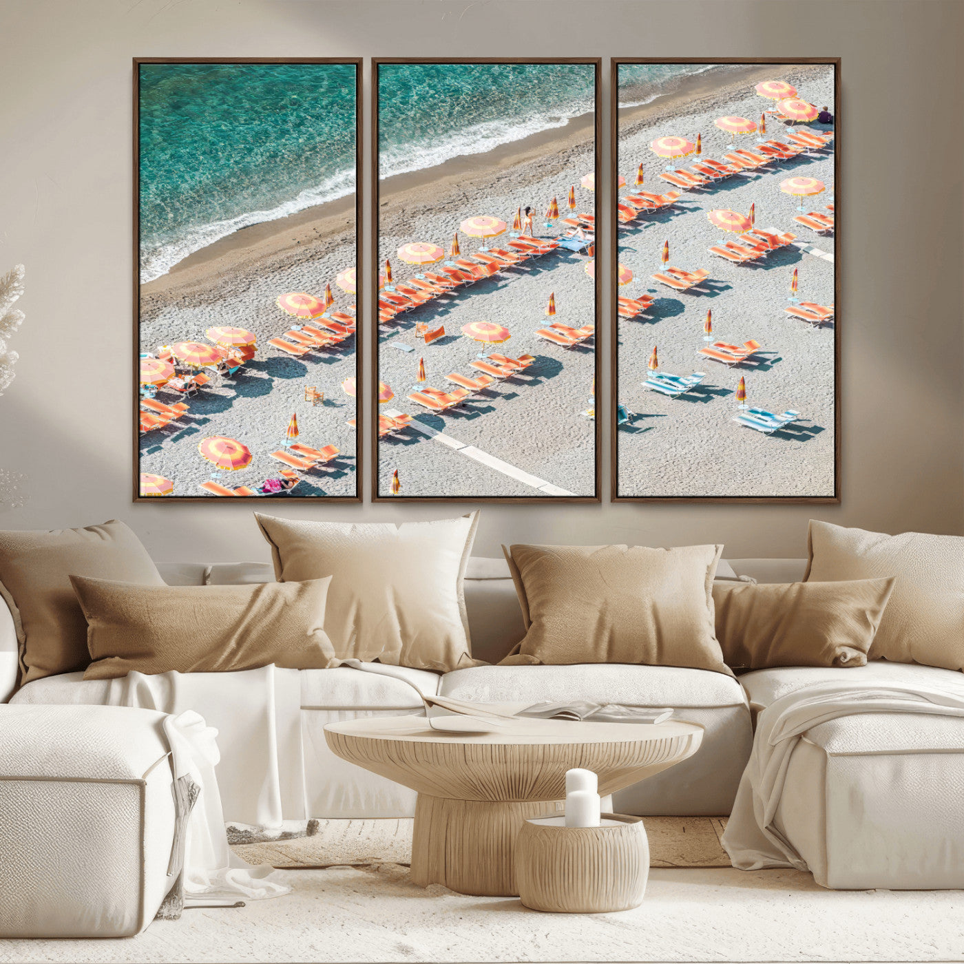 27805351-MGV-CV-36X24 - Beach Umbrellas Wall Art – Orange Loungers & Turquoise Water Canvas Print, Sandy Shore and Summer Vibes