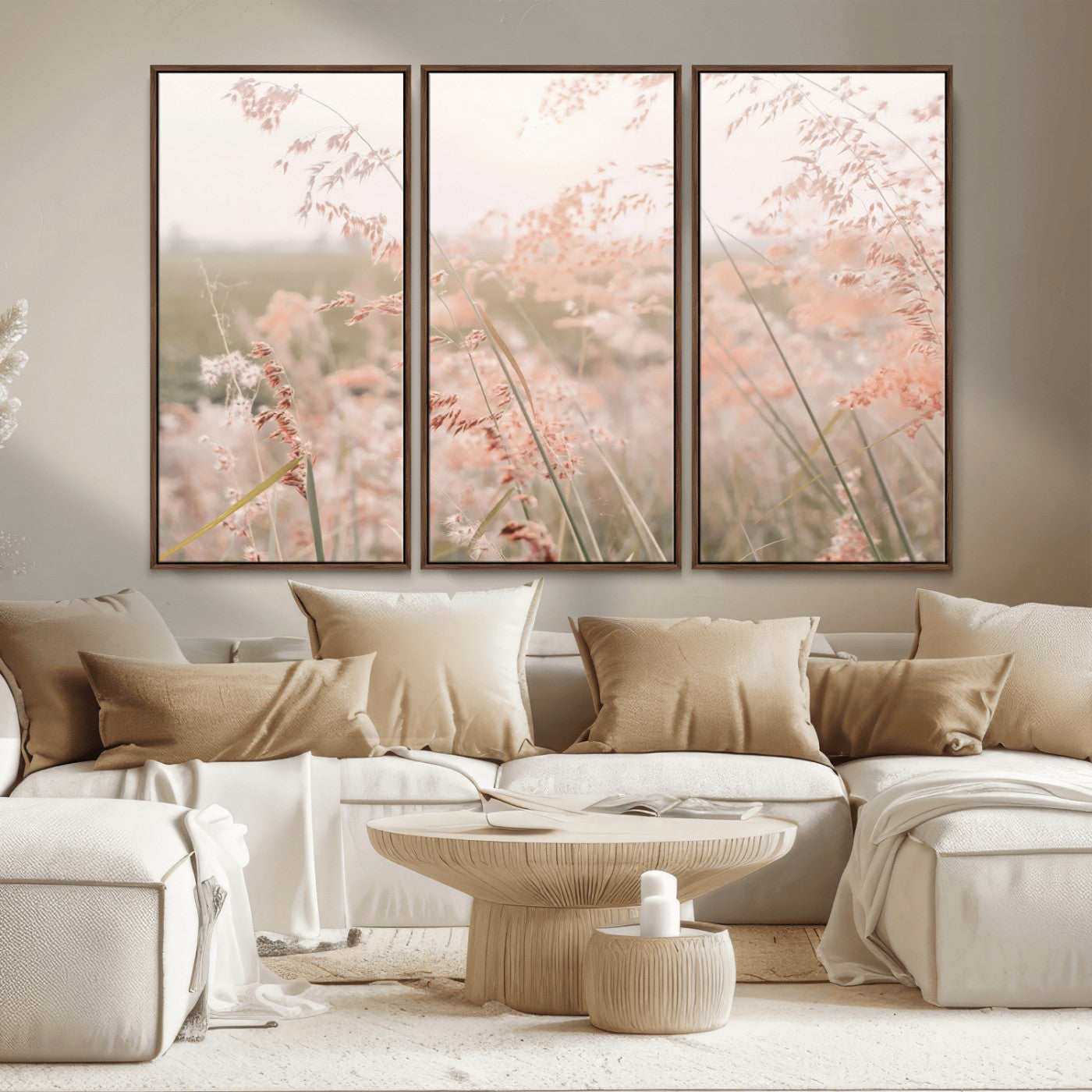 MGV-FC-48X32-3P - Pastel Grasses Wall Art Canvas Print, Framed Soft Meadow Art Picture Print, Field in Breeze Perfect Soft Pastel Minimal Decor Artwork