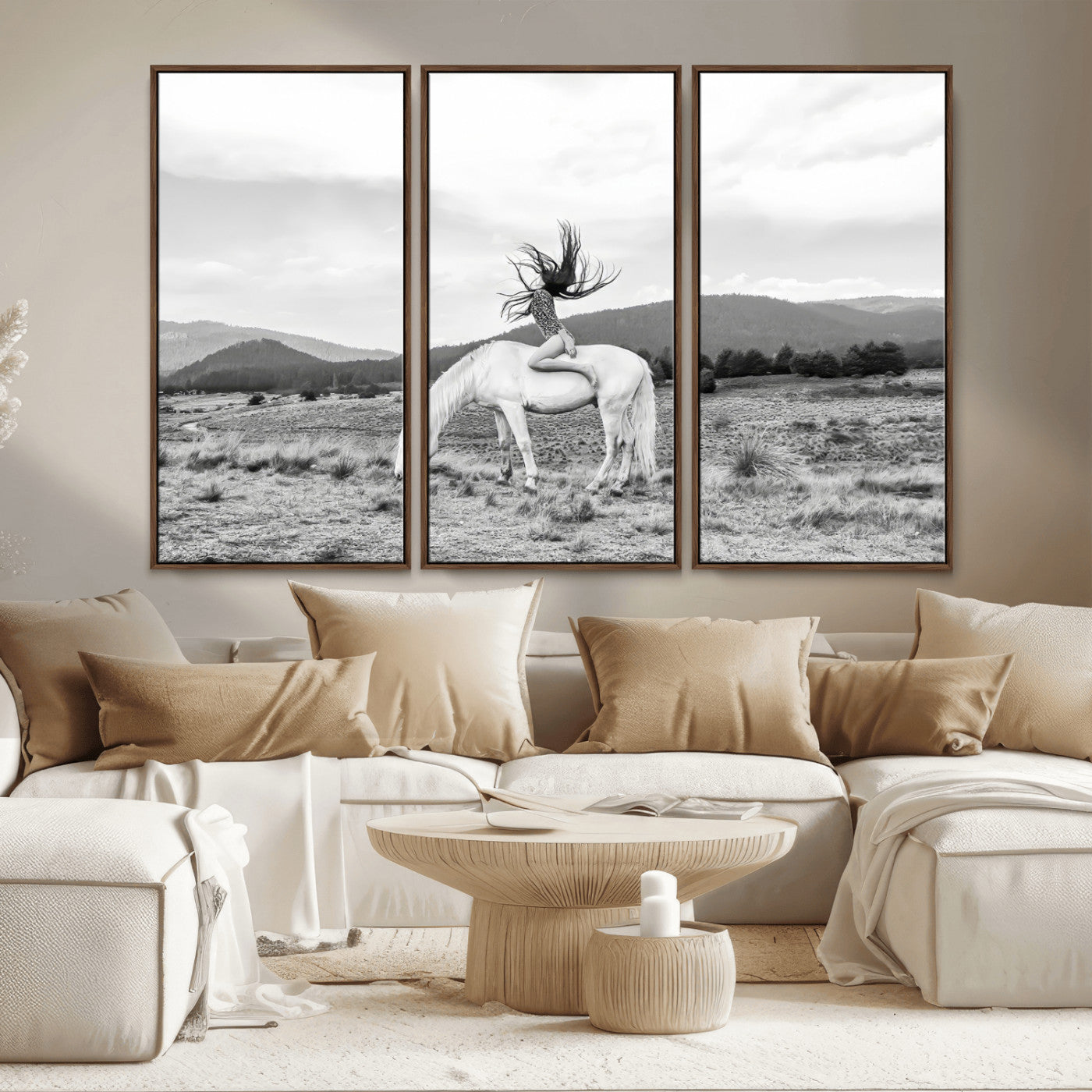 MGV-FC-48X32-3P - White Horse Wall Art Canvas Print, Framed Woman Rider Art Picture Print, Equestrian Pose Perfect Western Boho Decor Artwork