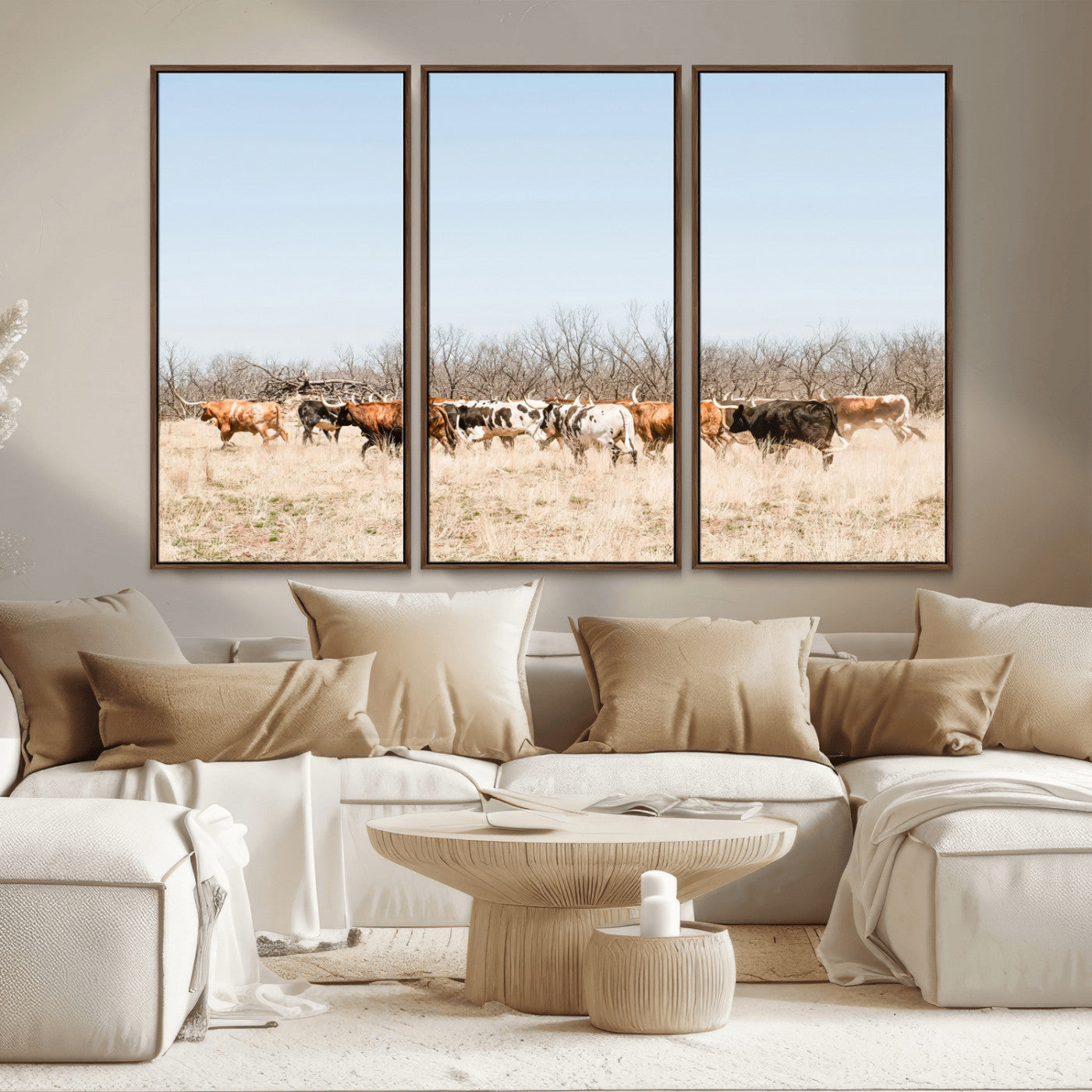MGV-FC-48X32-3P - Texas Longhorns Wall Art Canvas Print, Framed Western Cattles Art Picture Print, Rustic Herd Perfect Rustic Farmhouse Decor Artwork