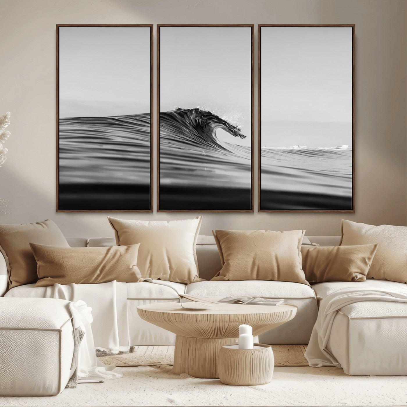 MGV-FC-48X32-3P - Black Wave Wall Art Canvas Print, Framed Abstract Surf Art Picture Print, Minimalist Ocean Perfect Minimalist Coastal Decor Artwork