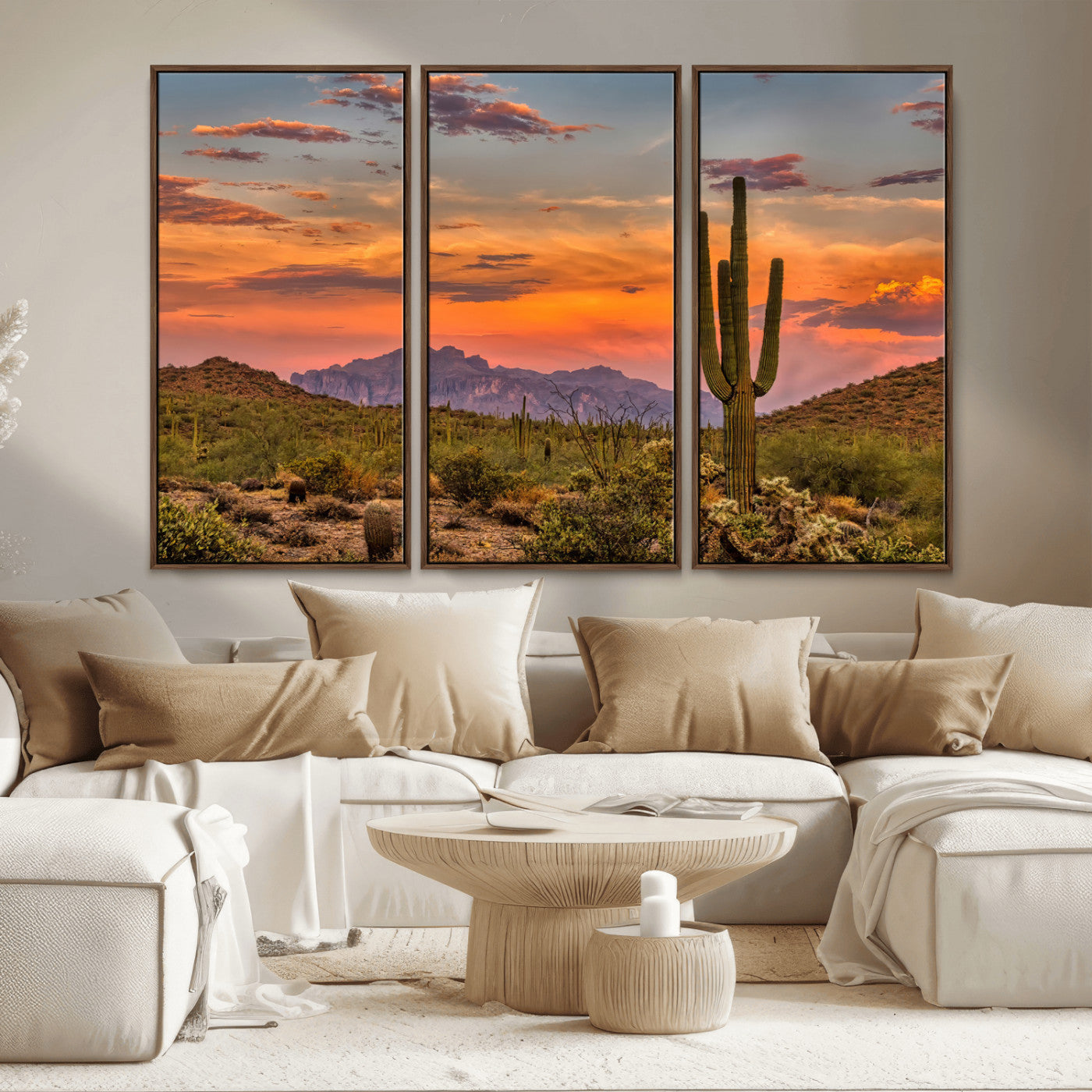 MGV-FC-48X32-3P - Saguaro Cactus Wall Art Canvas Print, Framed Arizona Sunset Art Picture Print, Sonoran Desert Perfect Southwestern Boho Decor Artwork