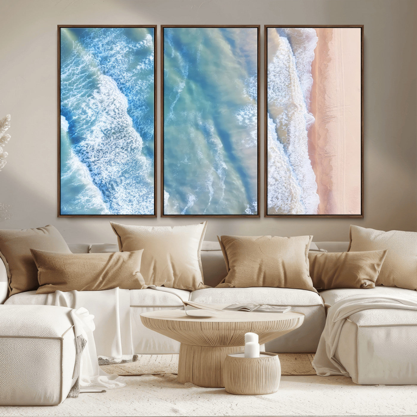 MGV-FC-48X32-3P - Aerial Ocean View Wall Art Canvas Print, Framed Soft Blue Waves Art Picture Print, Sandy Shoreline Perfect Modern Coastal Decor Artwork
