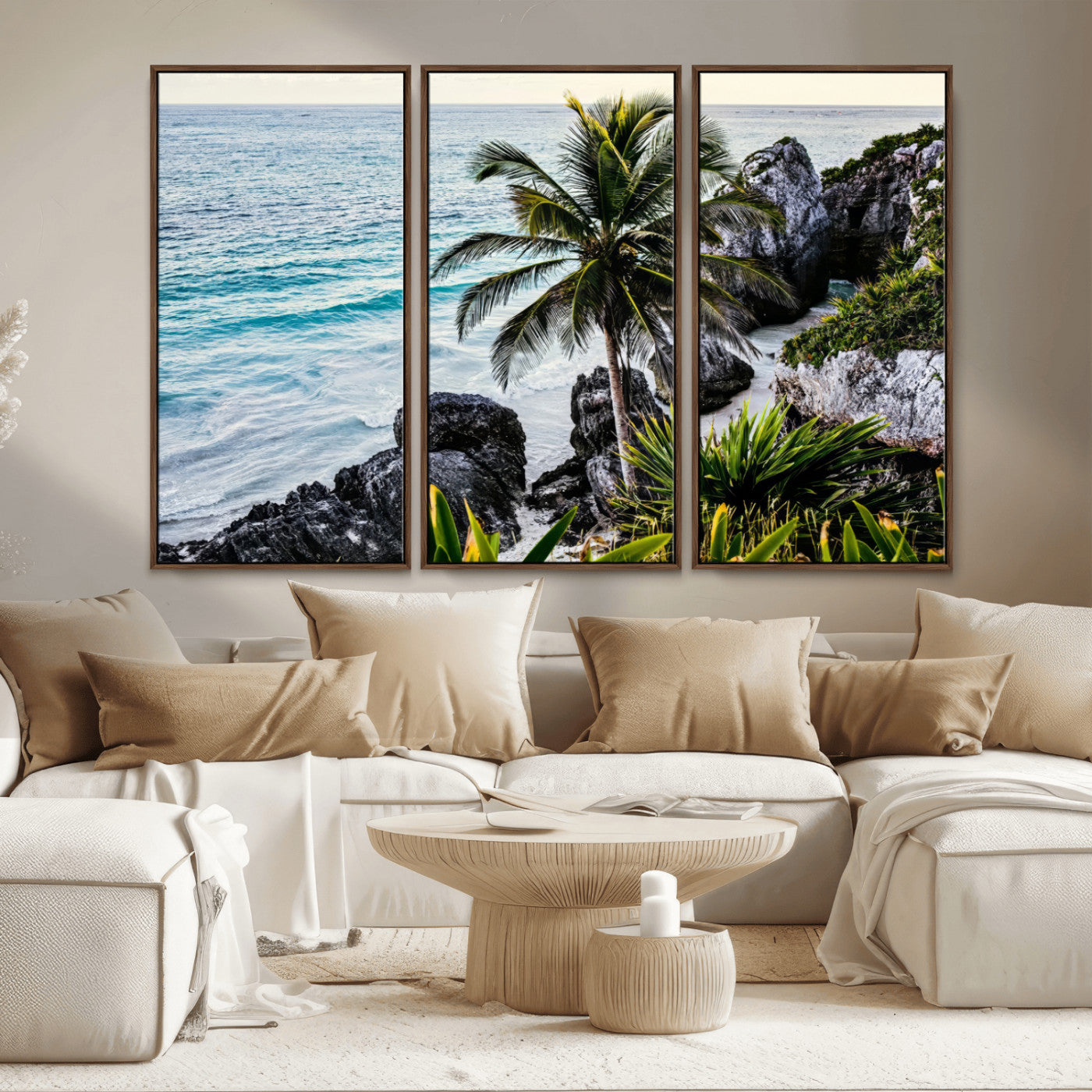 94669907-MGV-CV-36X24 - Tropical Palm Wall Art – Coastal Rocks Canvas Print, Ocean Breeze, Sandy Shore, Vibrant Green Foliage for Living Room or Beach House Decor