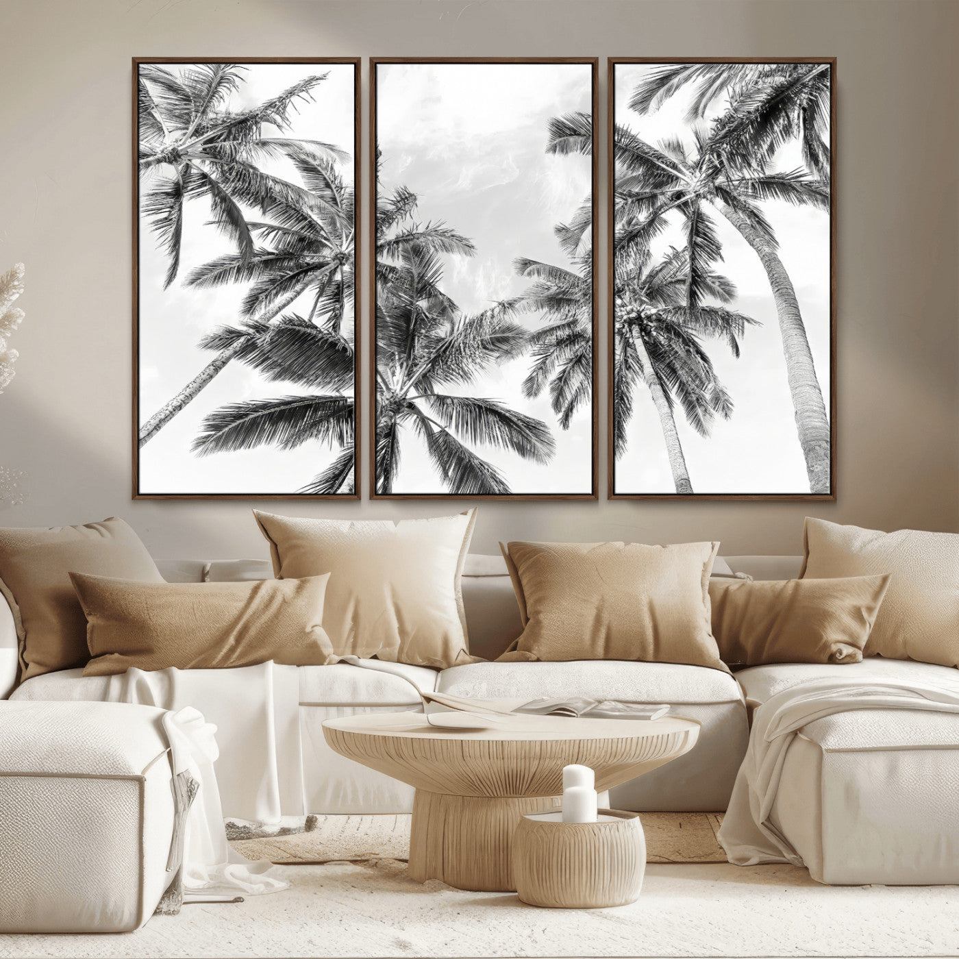 MGV-FC-48X32-3P - Black White Palm Wall Art Canvas Print, Framed Monochrome Tropics Art Picture Print, Minimalist Beach Perfect Coastal Minimalist Decor Artwork