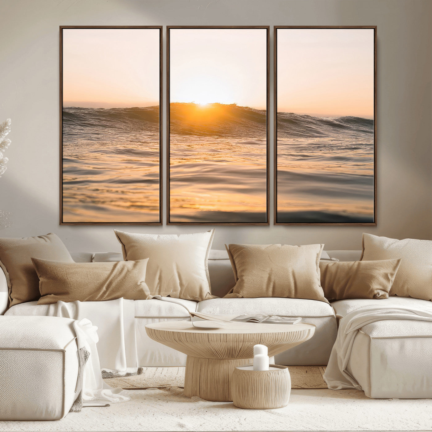 16973771-MGV-CV-36X24-Calm Water Wall Art – Framed Sunset Waves Canvas Artwork, Coastal Warm Design, Minimal Ocean Decor for Home, Office
