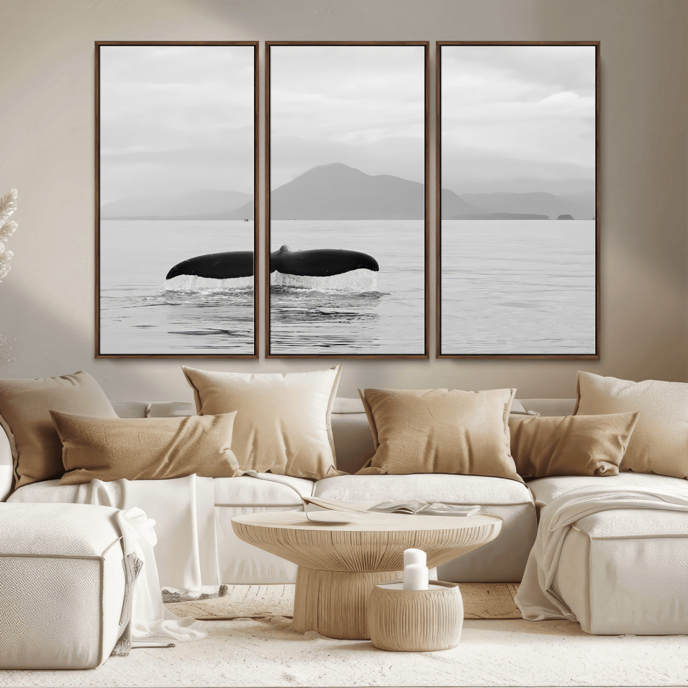 MGV-FC-48X32-3P - Whale Tail Wall Art Canvas Print, Framed Black White Ocean Art Picture Print, Calm Marine Perfect Minimalist Coastal Decor Artwork
