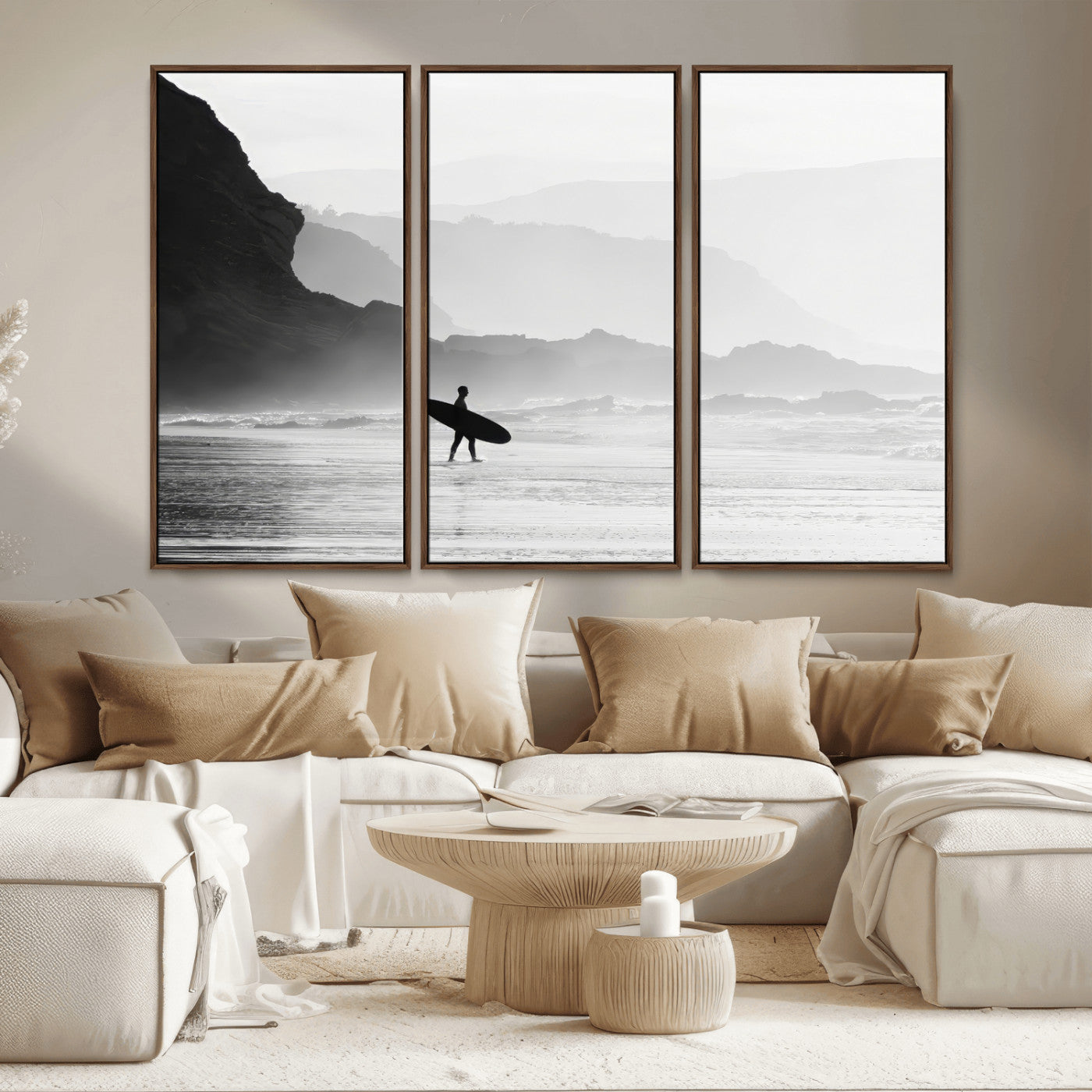 MGV-FC-48X32-3P - Surfer In Fog Wall Art Canvas Print, Framed Moody Shoreline Art Picture Print, Cliffside Waves Perfect Minimalist Coastal Decor Artwork