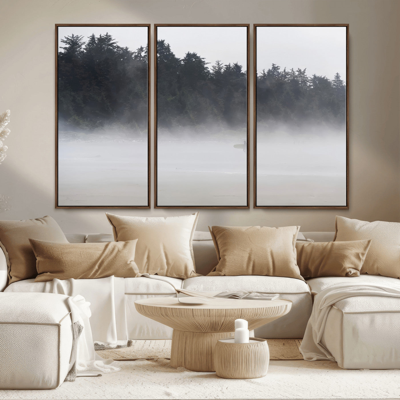 59703275-MGV-CV-36X24-Surfer Fog Wall Art Canvas Print – Framed Foggy Beach Scene with Coastal Surf Artwork for Home, Office, Living Room