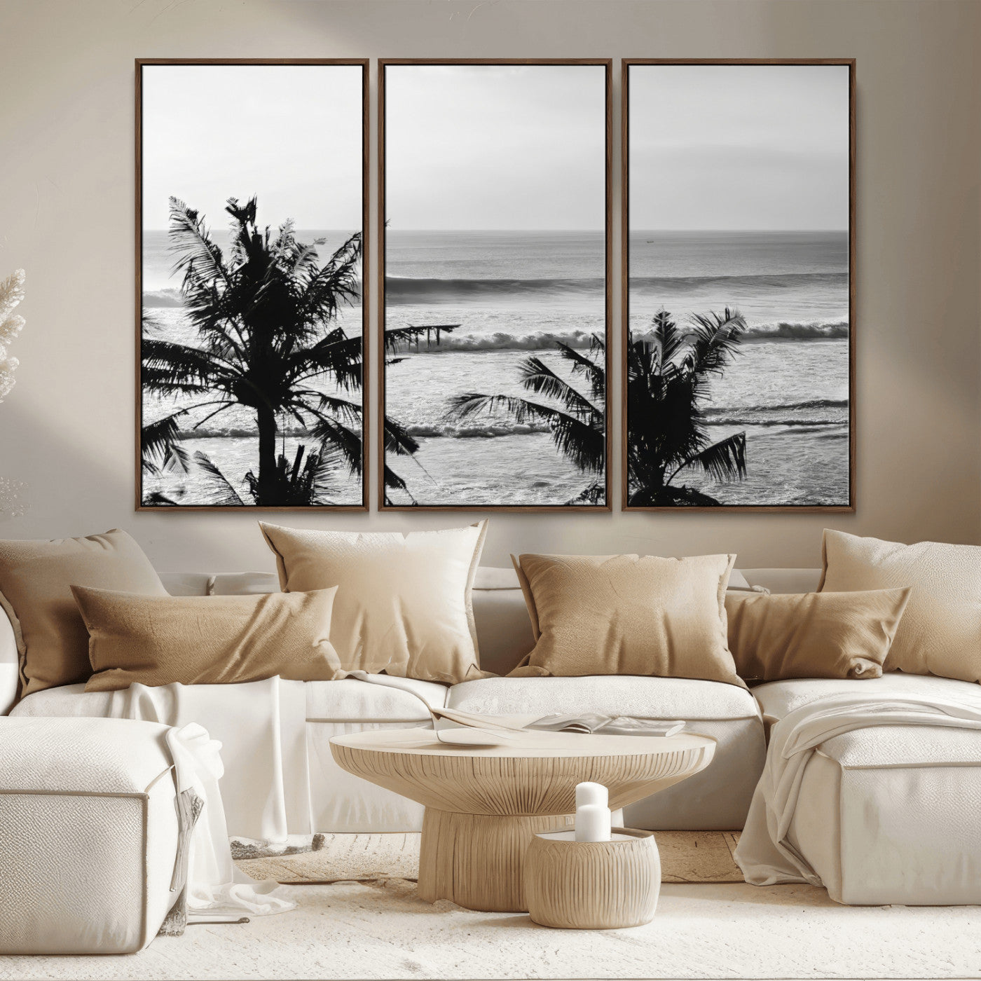 17508038-MGV-FC-48X32-3P_Walnut-Tropical Coastline Wall Art Canvas Print – Framed Palm Trees Scene with Ocean Waves Artwork for Home, Office
