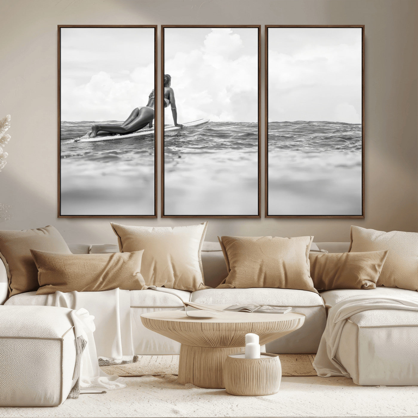 69798068-MGV-CV-36X24-Black and White Surfing Wall Art Canvas Print – Framed Ocean Horizon with Surfer Girl Coastal Adventure Artwork for Home, Office