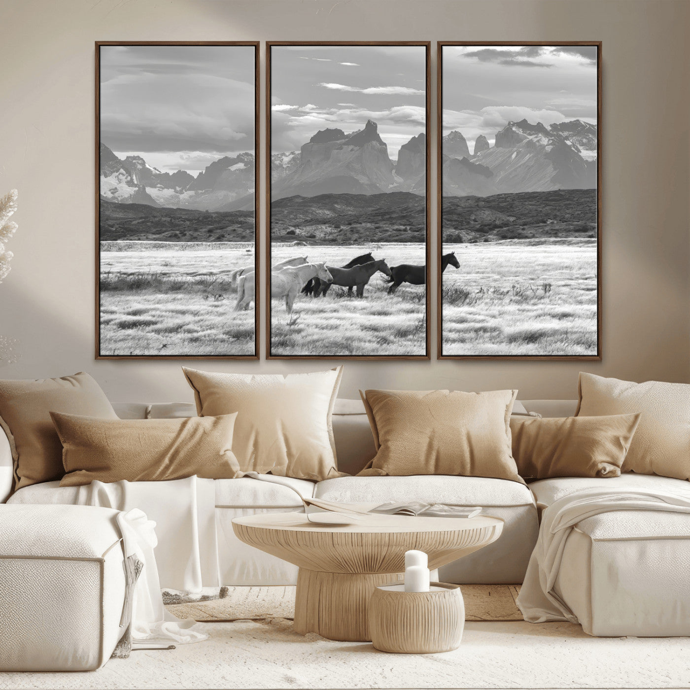 MGV-FC-48X32-3P - Wild Horses Wall Art Canvas Print, Framed Black White Mountains Art Picture Print, Rustic Countryside Perfect Rustic Western Decor Artwork