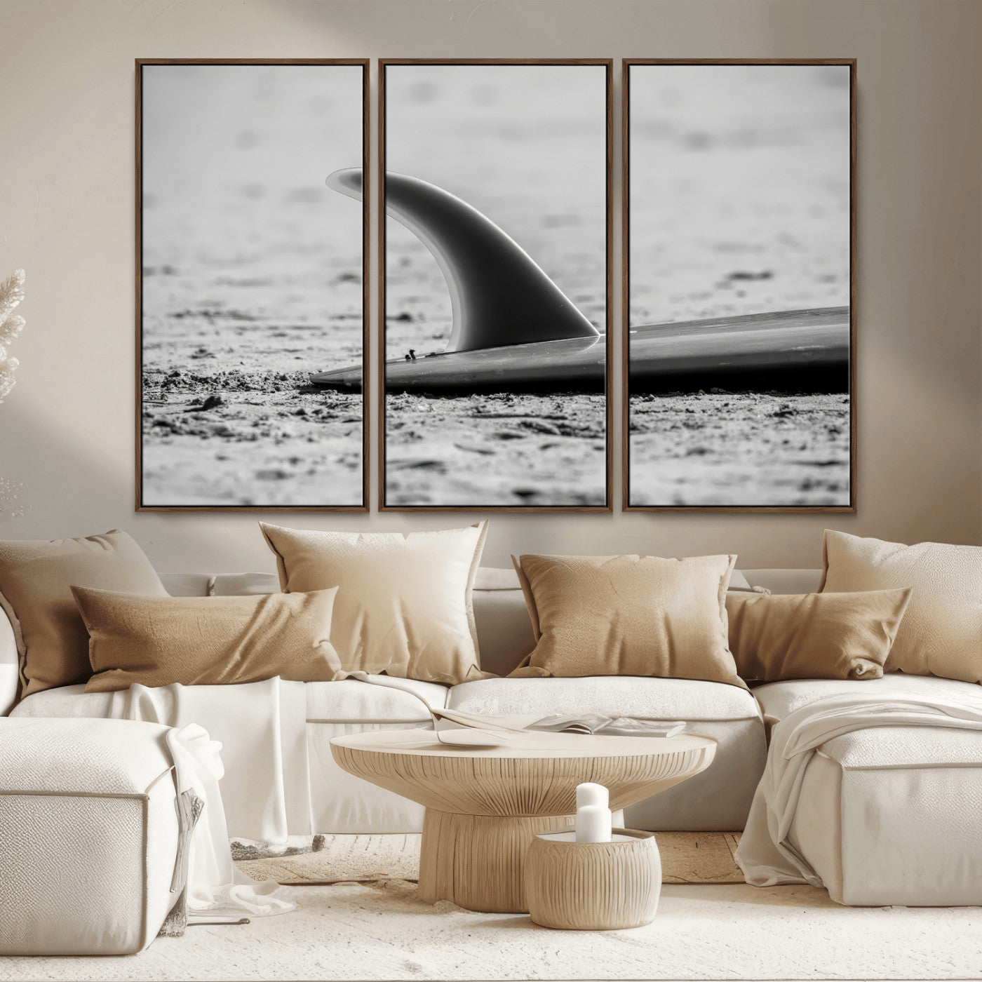MGV-FC-48X32-3P - Black White Surfboard Wall Art Canvas Print, Framed Minimalist Beach Art Picture Print, Surf Fin Perfect Minimalist Coastal Decor Artwork