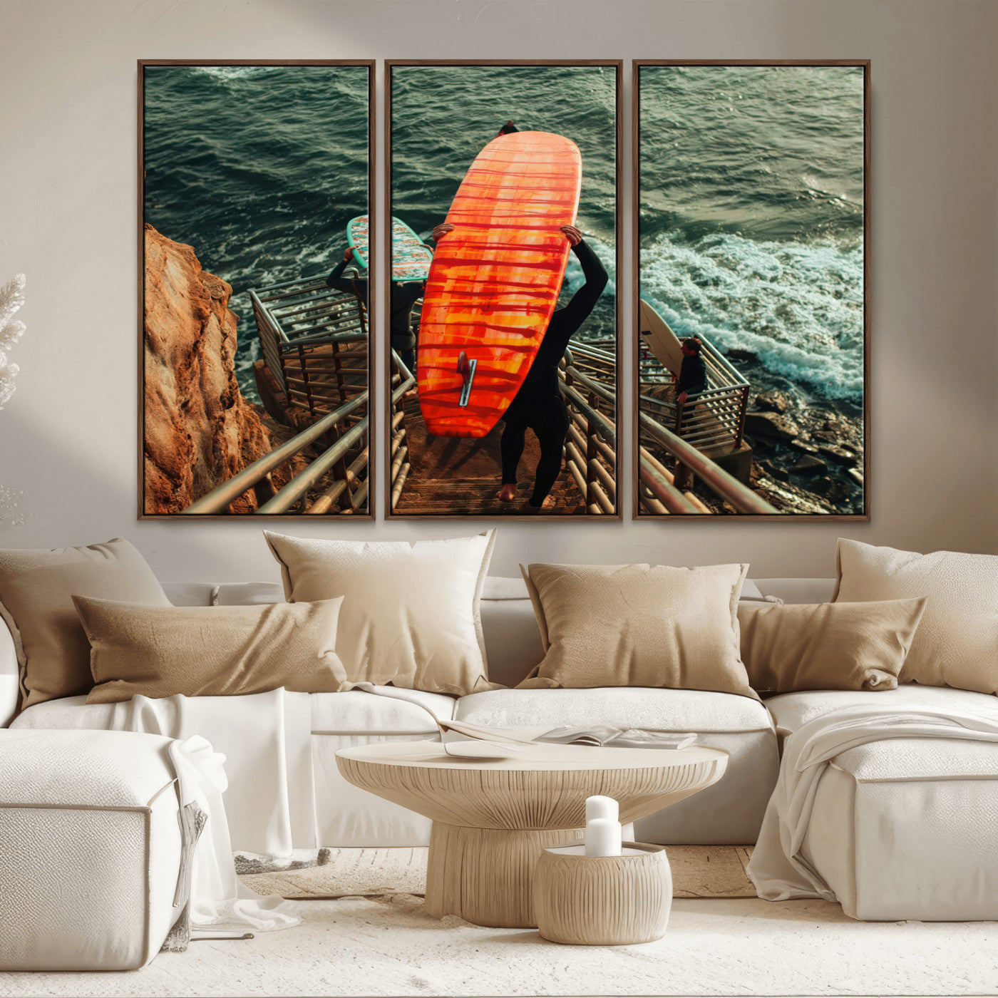 MGV-FC-48X32-3P - Surfer Stairway Wall Art Canvas Print, Framed Ocean Surf Art Picture Print, Sunset Coastal Perfect Coastal Adventure Decor Artwork