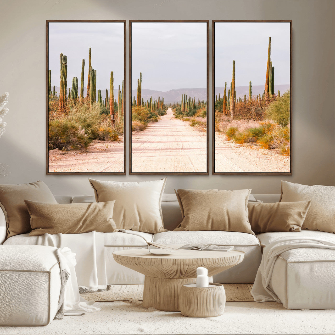 MGV-FC-48X32-3P - Desert Cactus Lined Road Wall Art Canvas Print, Framed Southwestern Landscape Art Picture Print, Bohemian Western Aesthetic Perfect Southwestern Boho Decor Artwork