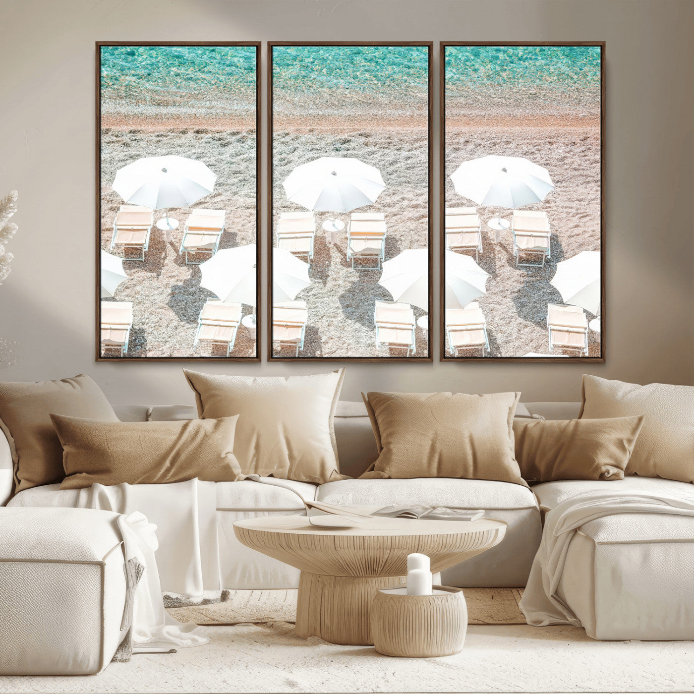 MGV-FC-48X32-3P - Calm Beach Wall Art Canvas Print, Framed Turquoise Water Art Picture Print, Umbrella Shoreline Perfect Coastal Minimalist Decor Artwork
