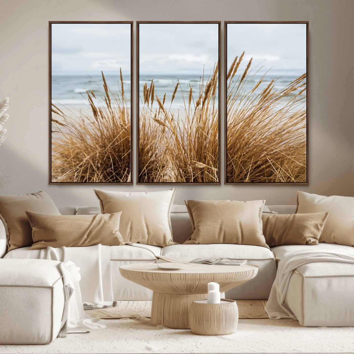 MGV-FC-48X32-3P - Beach Grass Wall Art Canvas Print, Framed Coastal Dunes Art Picture Print, Dune Grass Perfect Coastal Minimalist Decor Artwork