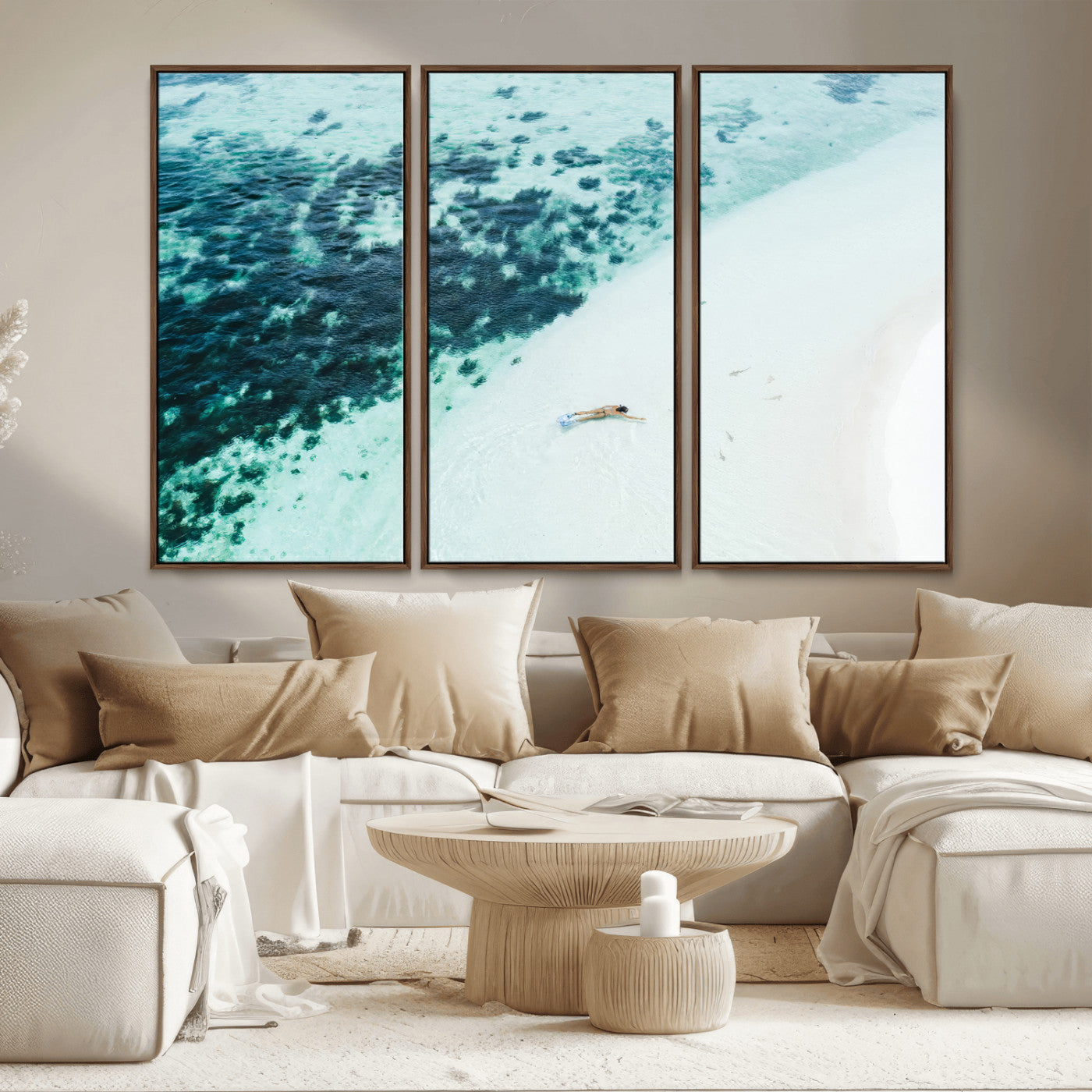 MGV-FC-48X32-3P - Minimal Beach Wall Art Canvas Print, Framed Ocean Swimming Art Picture Print, Clear Ocean Perfect Minimal Coastal Decor Artwork