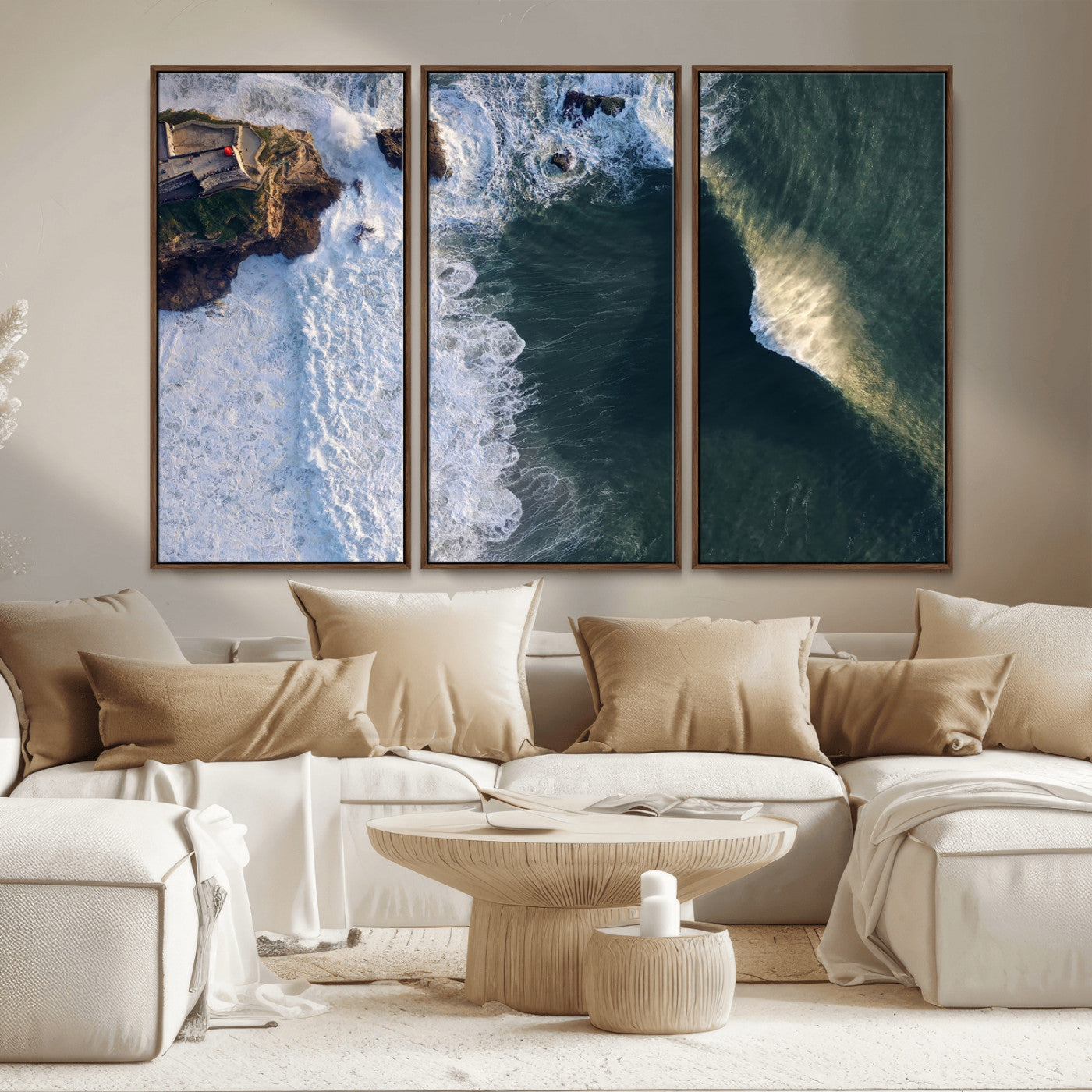 MGV-FC-48X32-3P - Nazaré Coast Wall Art Canvas Print, Framed Aerial Ocean Art Picture Print, Coastal Fortress Perfect Dramatic Coastal Decor Artwork