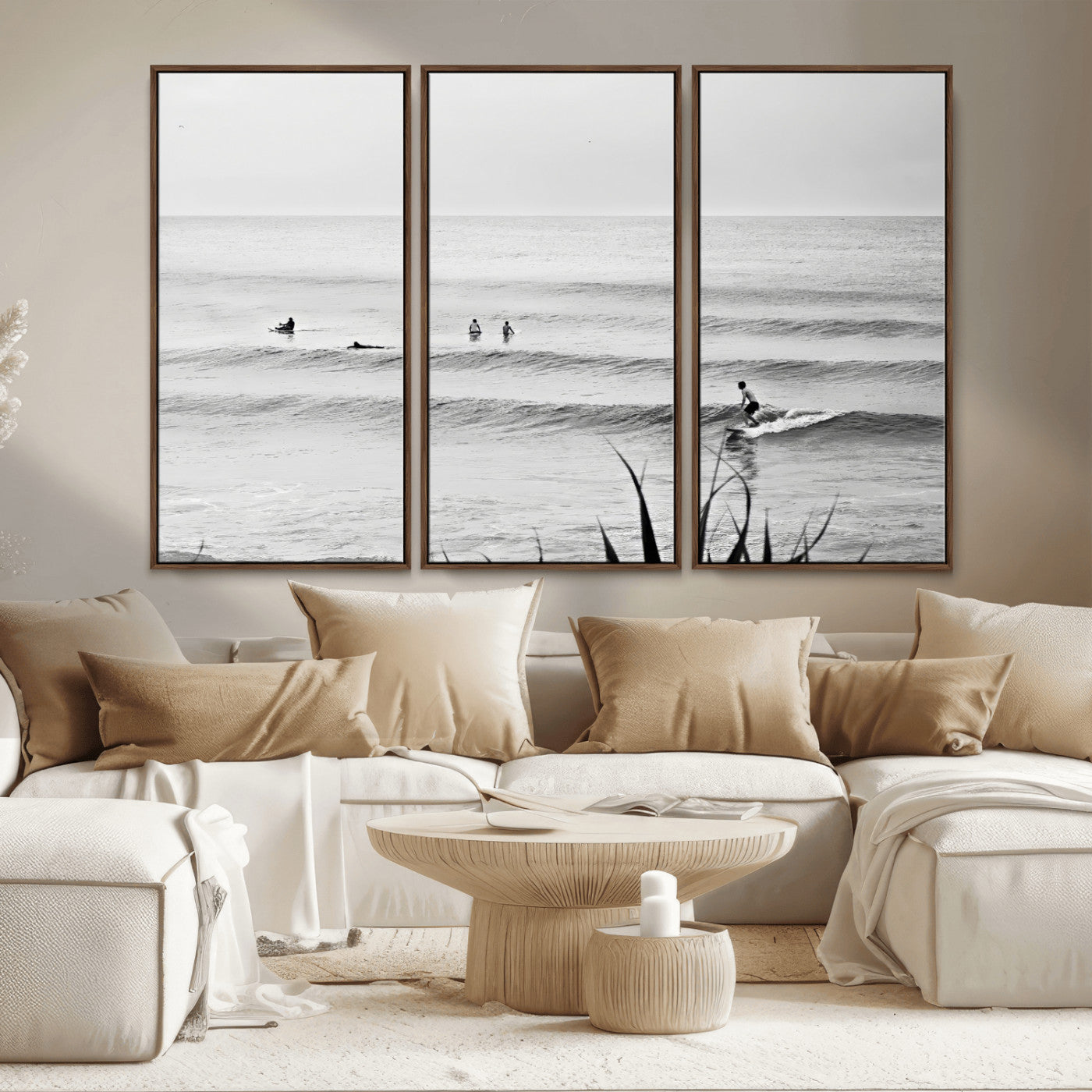 MGV-FC-48X32-3P - Surfer Silhouette Wall Art Canvas Print, Framed Calm Ocean Art Picture Print, Monochrome Surf Perfect Minimalist Coastal Decor Artwork